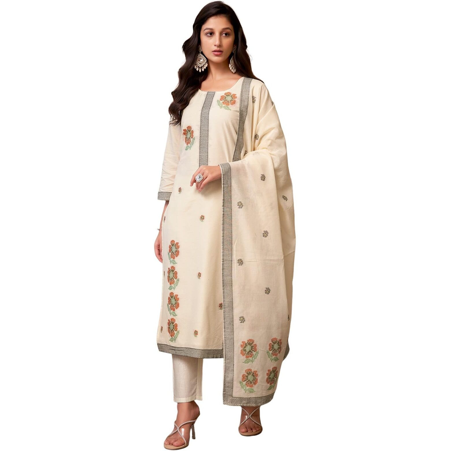 Sanisa Women's Cotton Jacquard Work Straight Kurta With Pant And Dupatta Set (212Kbd2248Na-Xl_Cream & Multi2)