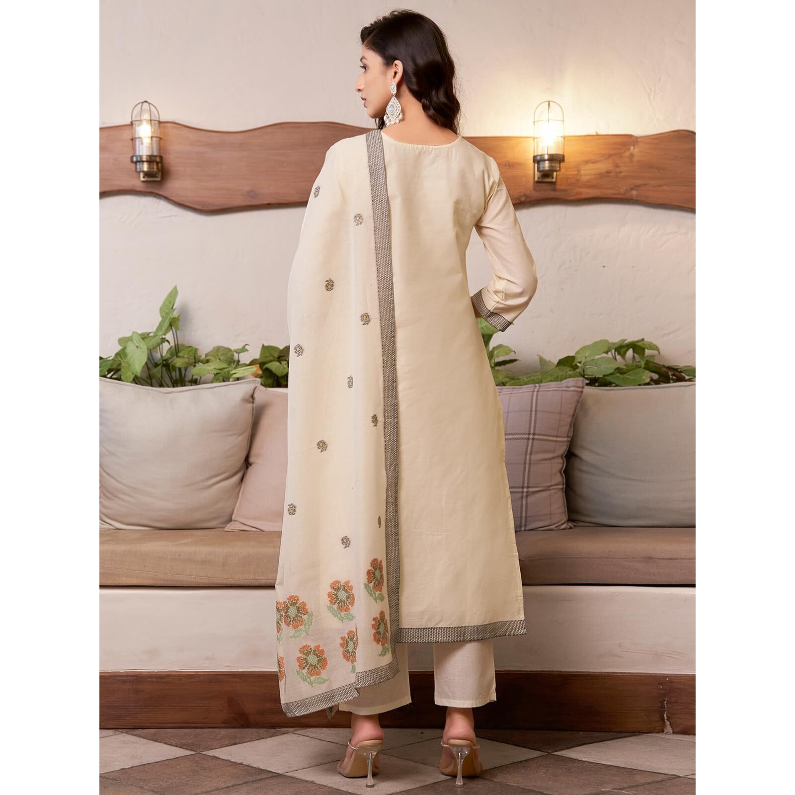 Sanisa Women's Cotton Jacquard Work Straight Kurta With Pant And Dupatta Set (212Kbd2248Na-Xl_Cream & Multi2)