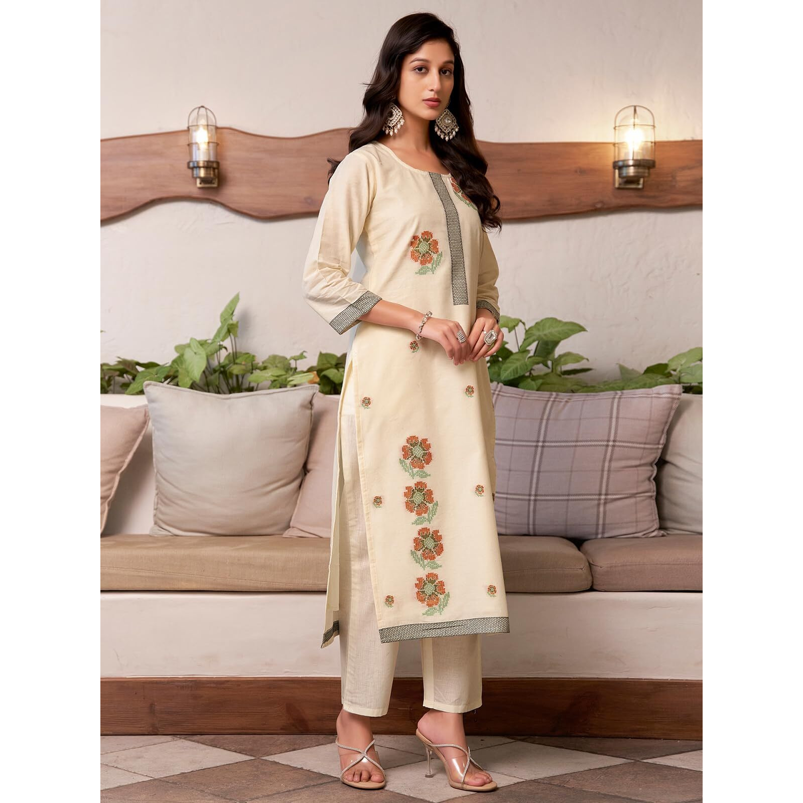 Sanisa Women's Cotton Jacquard Work Straight Kurta With Pant And Dupatta Set (212Kbd2248Na-Xl_Cream & Multi2)