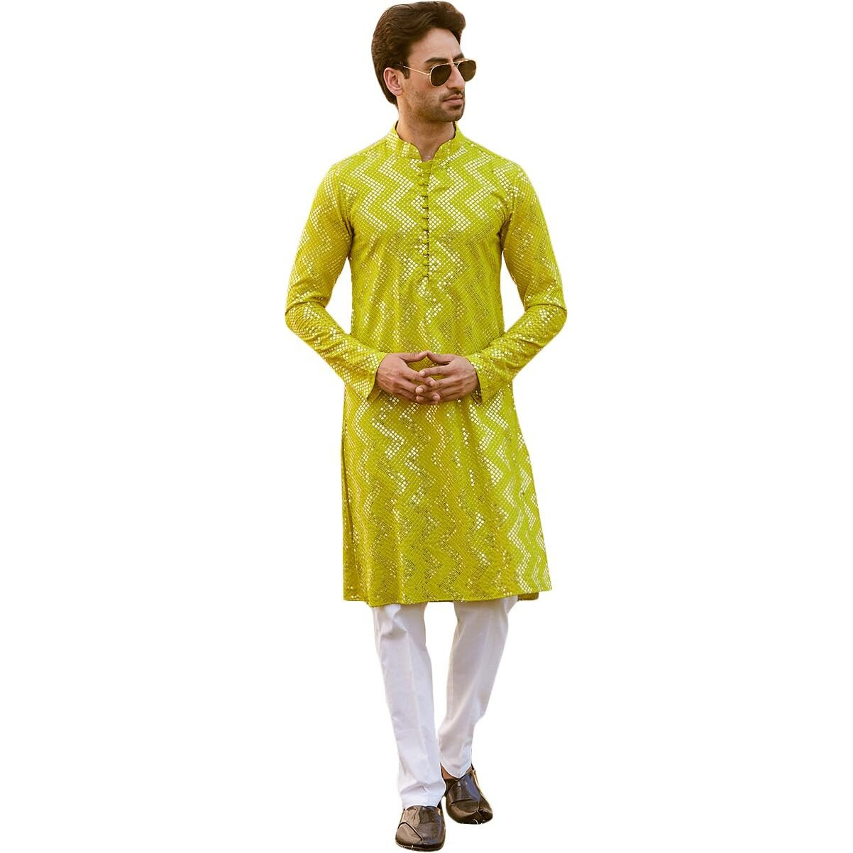 See Designs Men Full Sleeve Lime Green Sequins Woven Designs Mandarin Collar Side Slit Kurta - Sd2Mkt_1486L