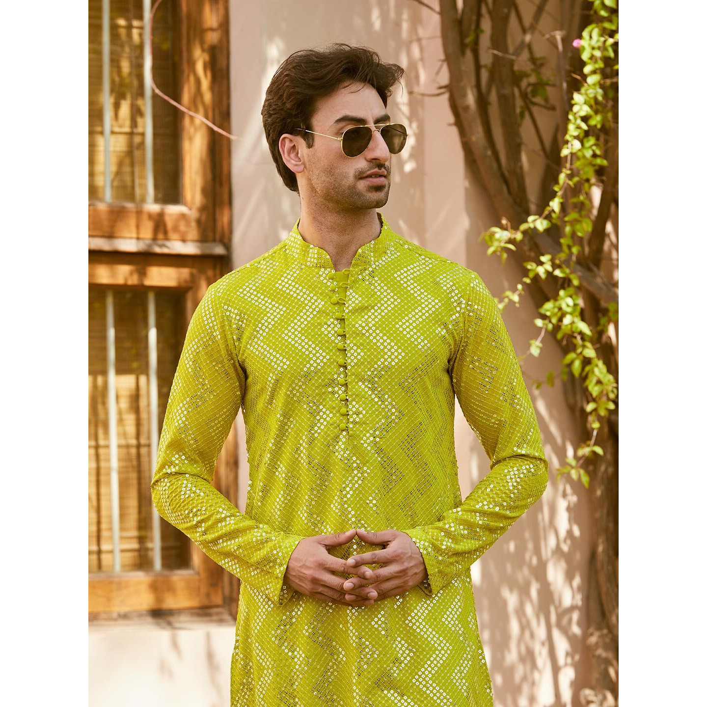 See Designs Men Full Sleeve Lime Green Sequins Woven Designs Mandarin Collar Side Slit Kurta - Sd2Mkt_1486L