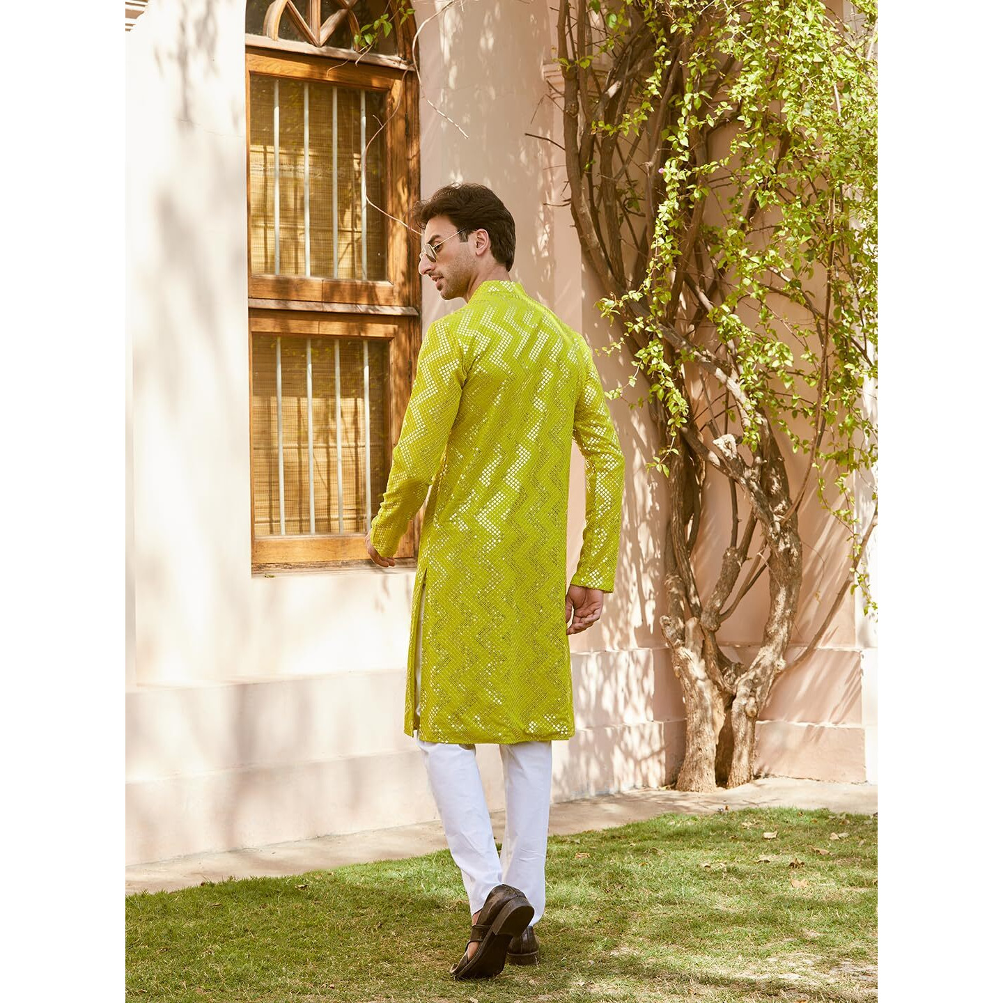 See Designs Men Full Sleeve Lime Green Sequins Woven Designs Mandarin Collar Side Slit Kurta - Sd2Mkt_1486L