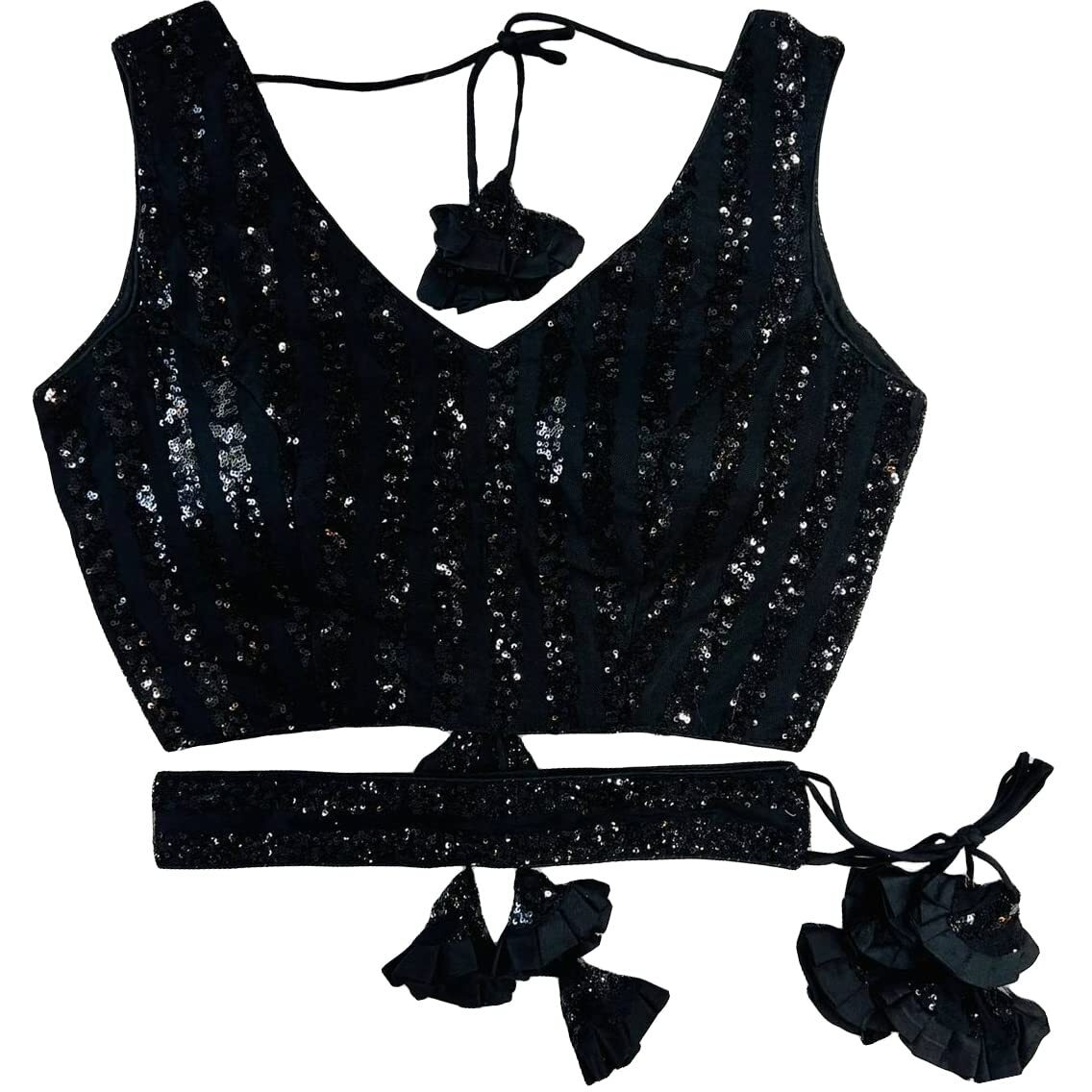 Vihu Fashion Women's Emblished Sequins Sleeveless Fancy Black Blouse With Belt (Belt Sequins Black_38)