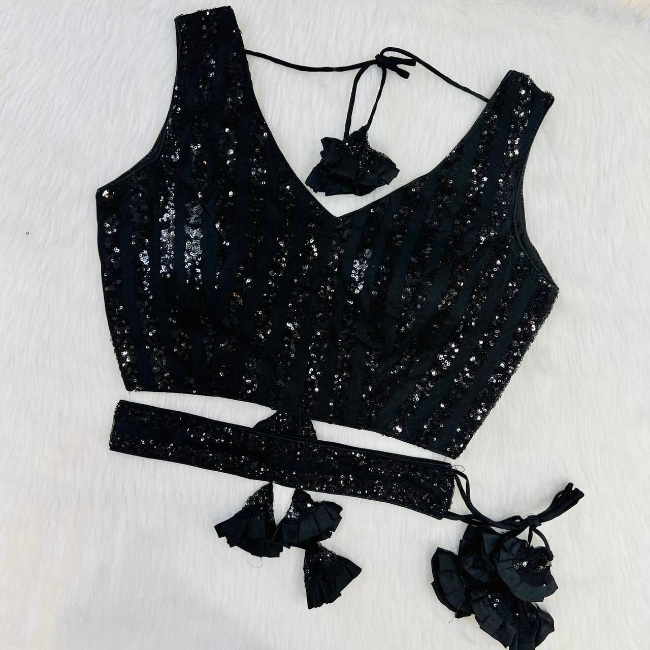 Vihu Fashion Women's Emblished Sequins Sleeveless Fancy Black Blouse With Belt (Belt Sequins Black_38)