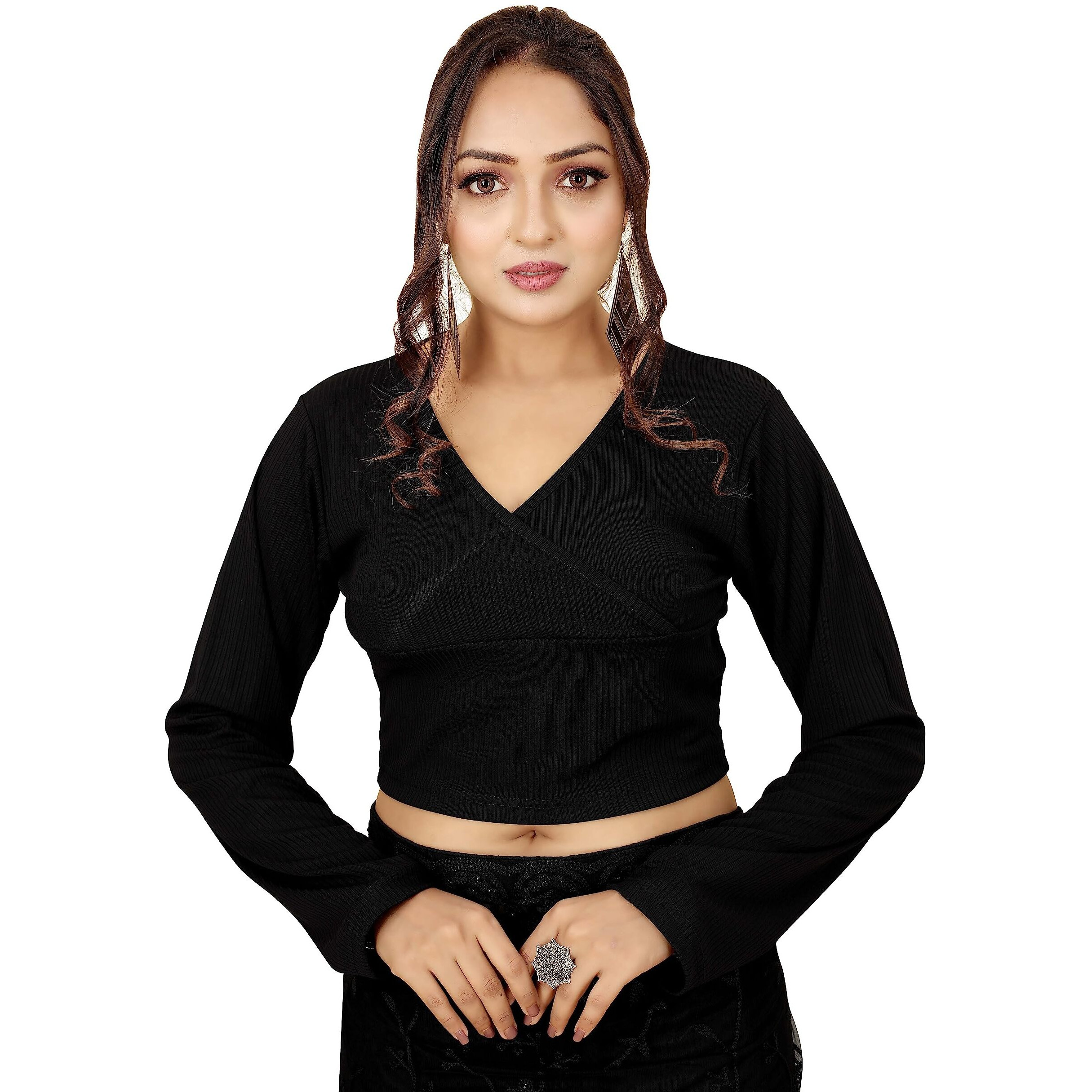 Shasmi Women's & Girls' Solid Ribbed V Neck Collarless Full Sleeve Slim Fit Simplicity Blouse For Women (Blouse 54 Black Xs)