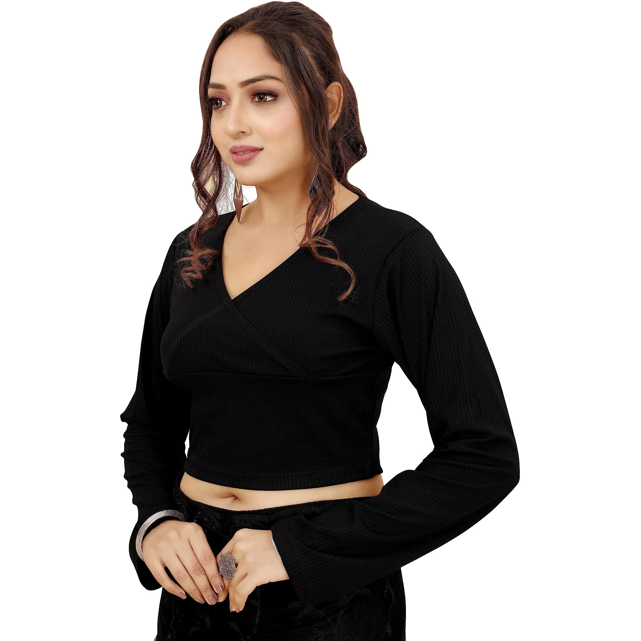 Shasmi Women's & Girls' Solid Ribbed V Neck Collarless Full Sleeve Slim Fit Simplicity Blouse For Women (Blouse 54 Black Xs)