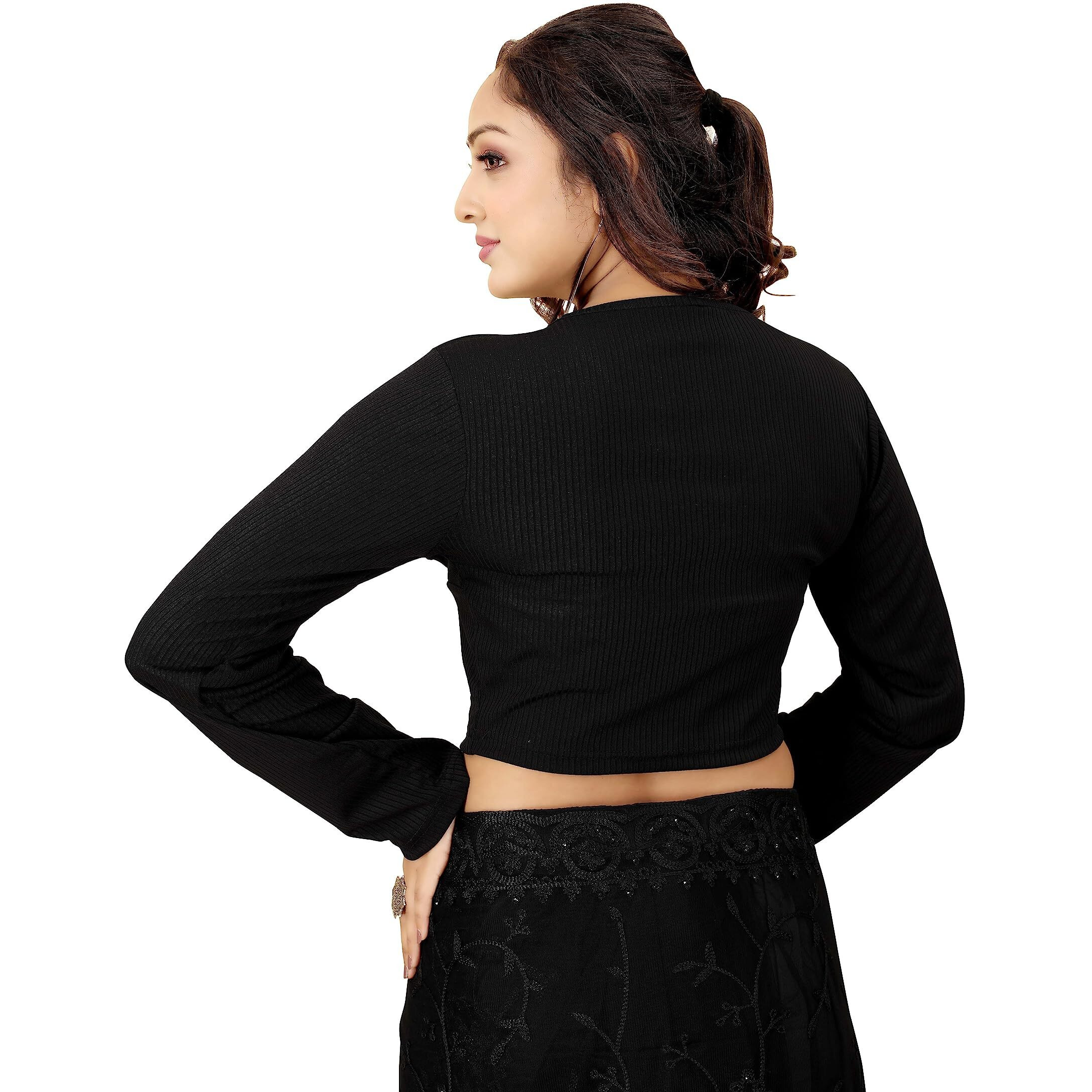 Shasmi Women's & Girls' Solid Ribbed V Neck Collarless Full Sleeve Slim Fit Simplicity Blouse For Women (Blouse 54 Black Xs)