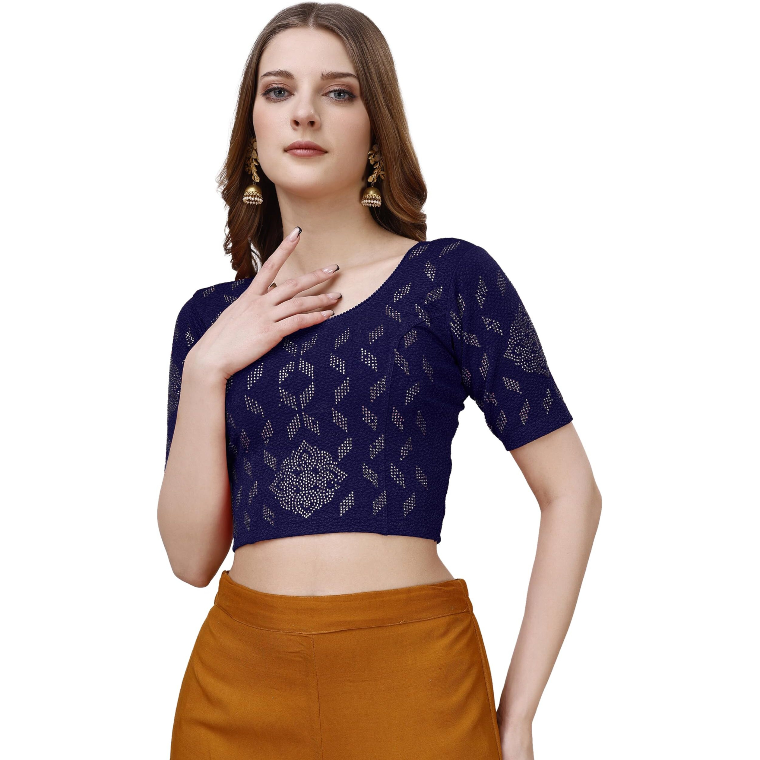 Vihu Fashion Women's Readymade Hosiery Lycra Stretchable Round Neck Half Sleeve Blouse With Swaroski Work Fancy Lycra Stretchable Navy Blue Blouse For Women Readymade Saree Blouse