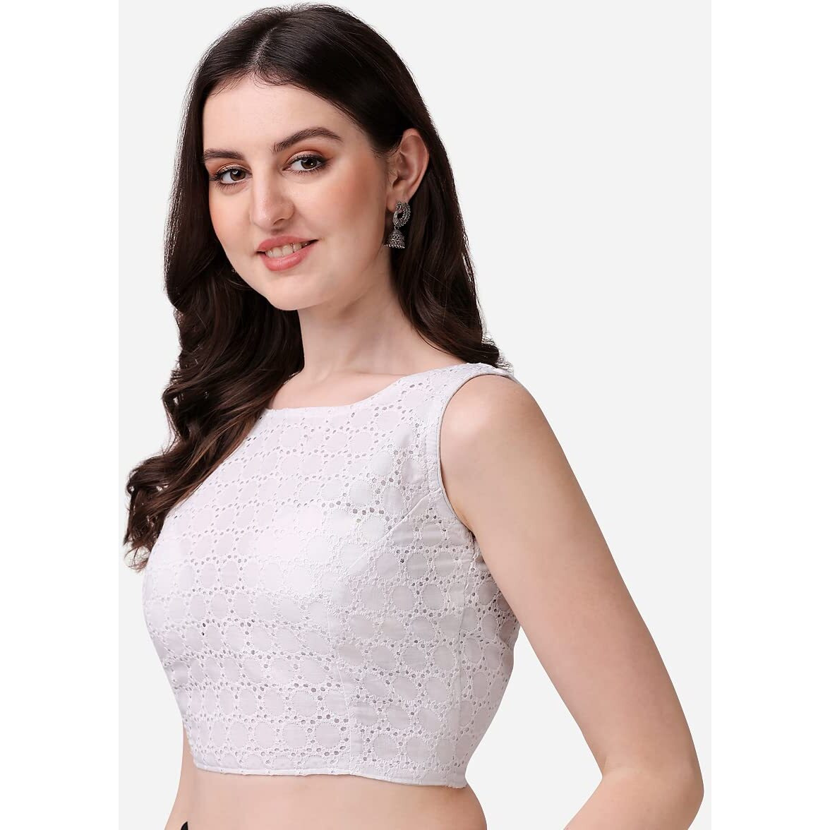 Vihu Fashion Women's Women's Cotton Chikankari Embroidery Work Readymade Saree Sleeveless Blouse