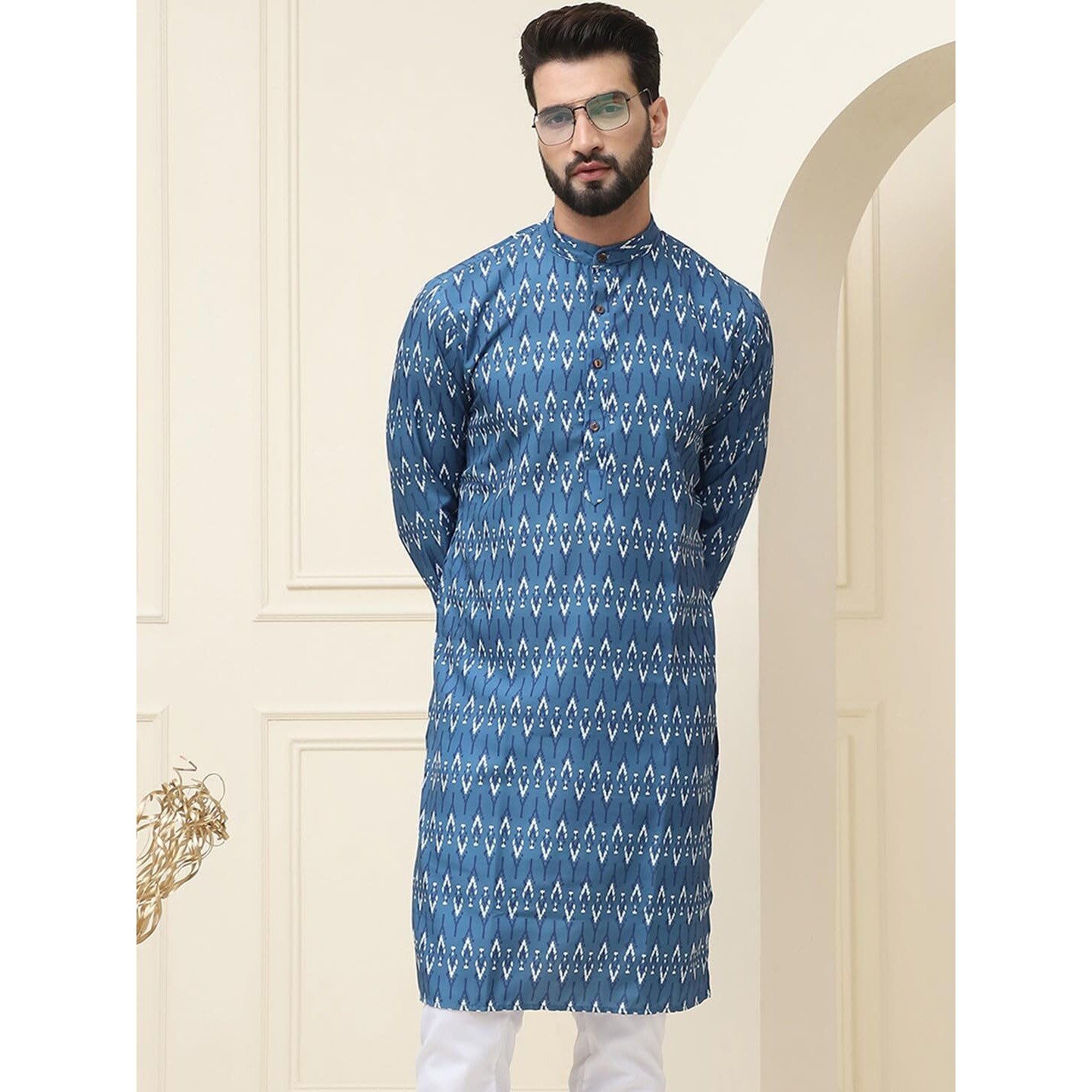 Sojanya (Since 1958 Men's Pure Cotton Navy Blue & Cream Printed Only Long Kurta