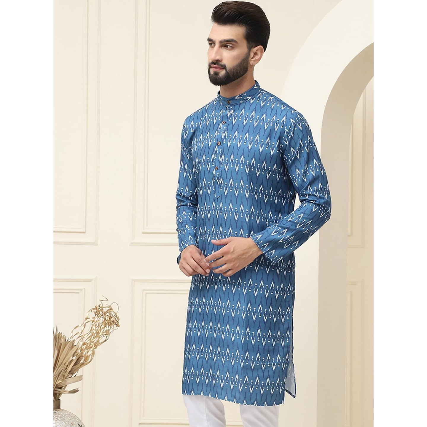 Sojanya (Since 1958 Men's Pure Cotton Navy Blue & Cream Printed Only Long Kurta