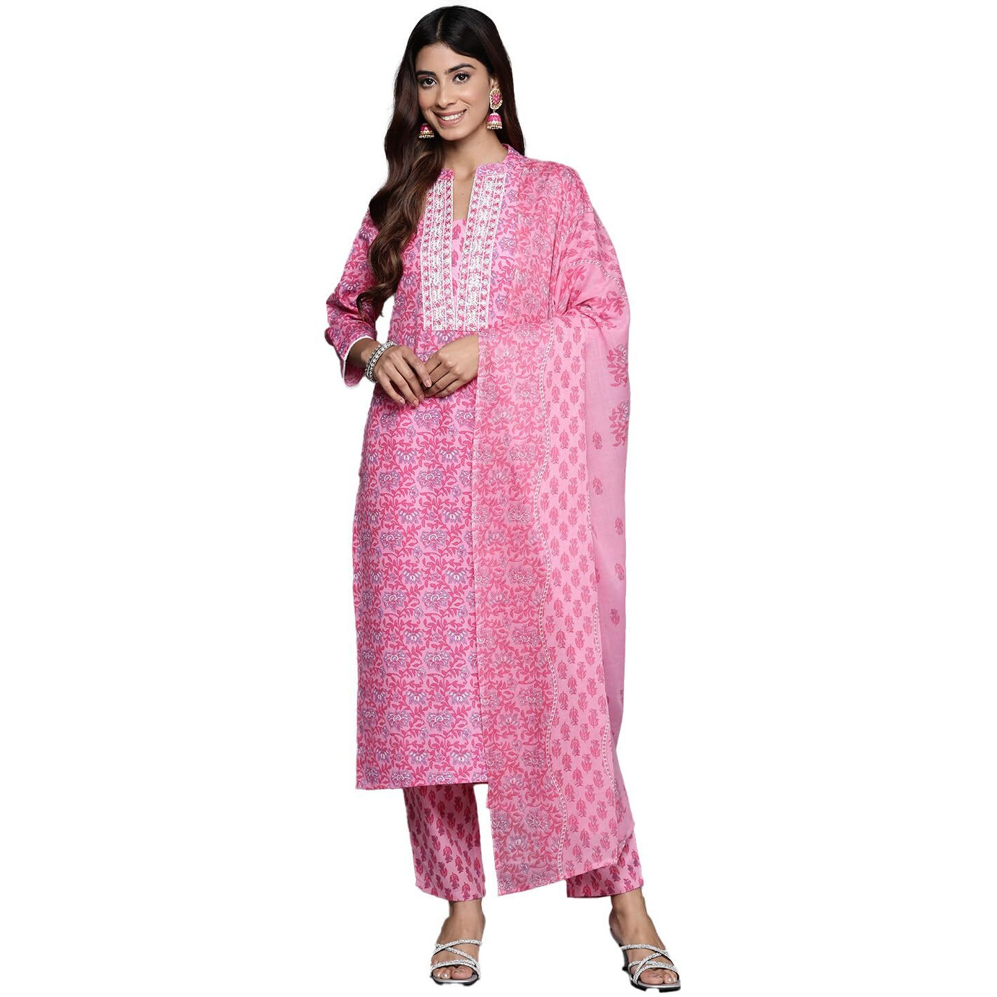 Varanga Women Pink Floral Printed Kurta Paired With Bottom & Dupatta