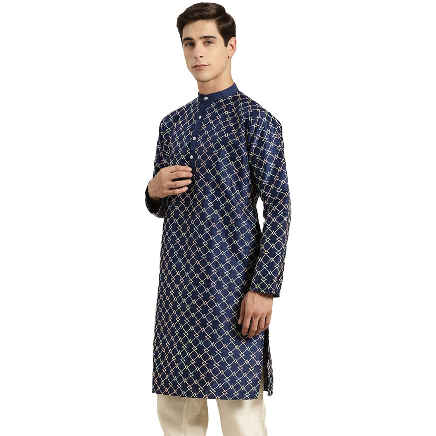 Sojanya (Since 1958 Men's Silk Blend Navy Blue Kurta With Multi Color Embroidery