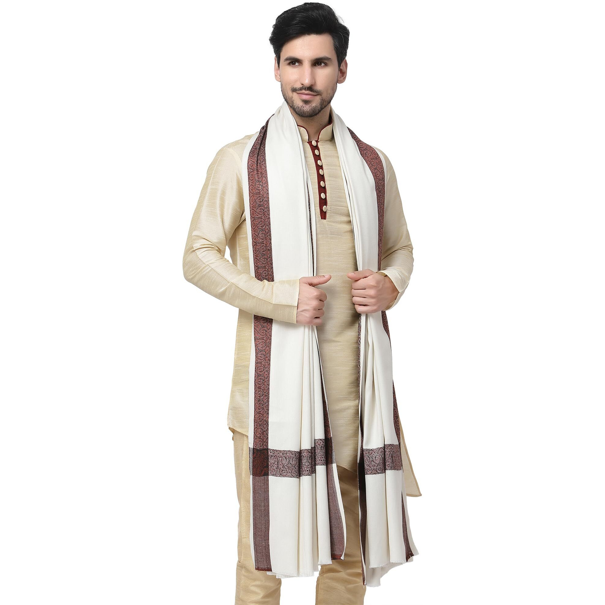 Weavers Villa Men's Woven Border Beige Woolen Lohi/Shawl (White), 125Cm X 250Cm
