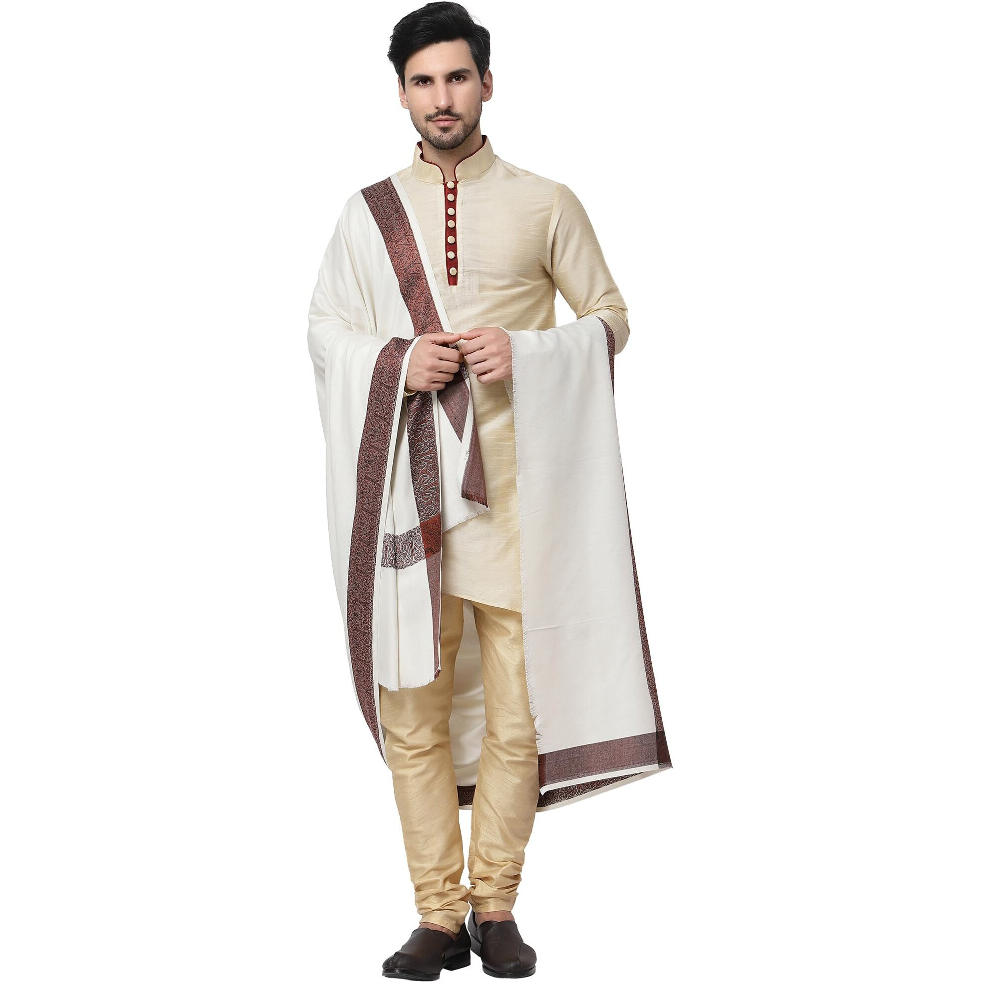 Weavers Villa Men's Woven Border Beige Woolen Lohi/Shawl (White), 125Cm X 250Cm