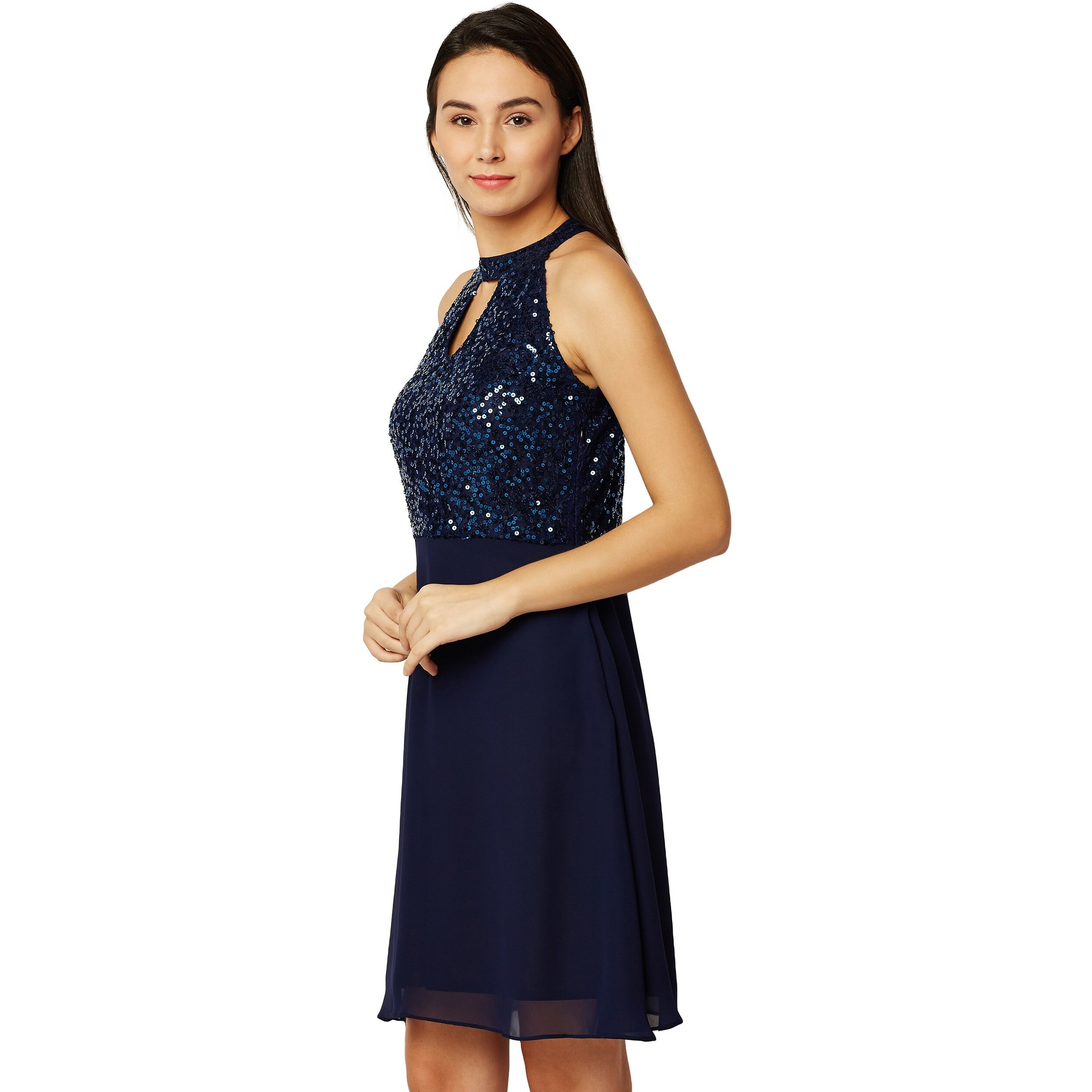 Miss Chase Women's Flowy Sequin Georgette Skater Dress(Mcss18D10-61-71-04,Navy Blue,Medium)