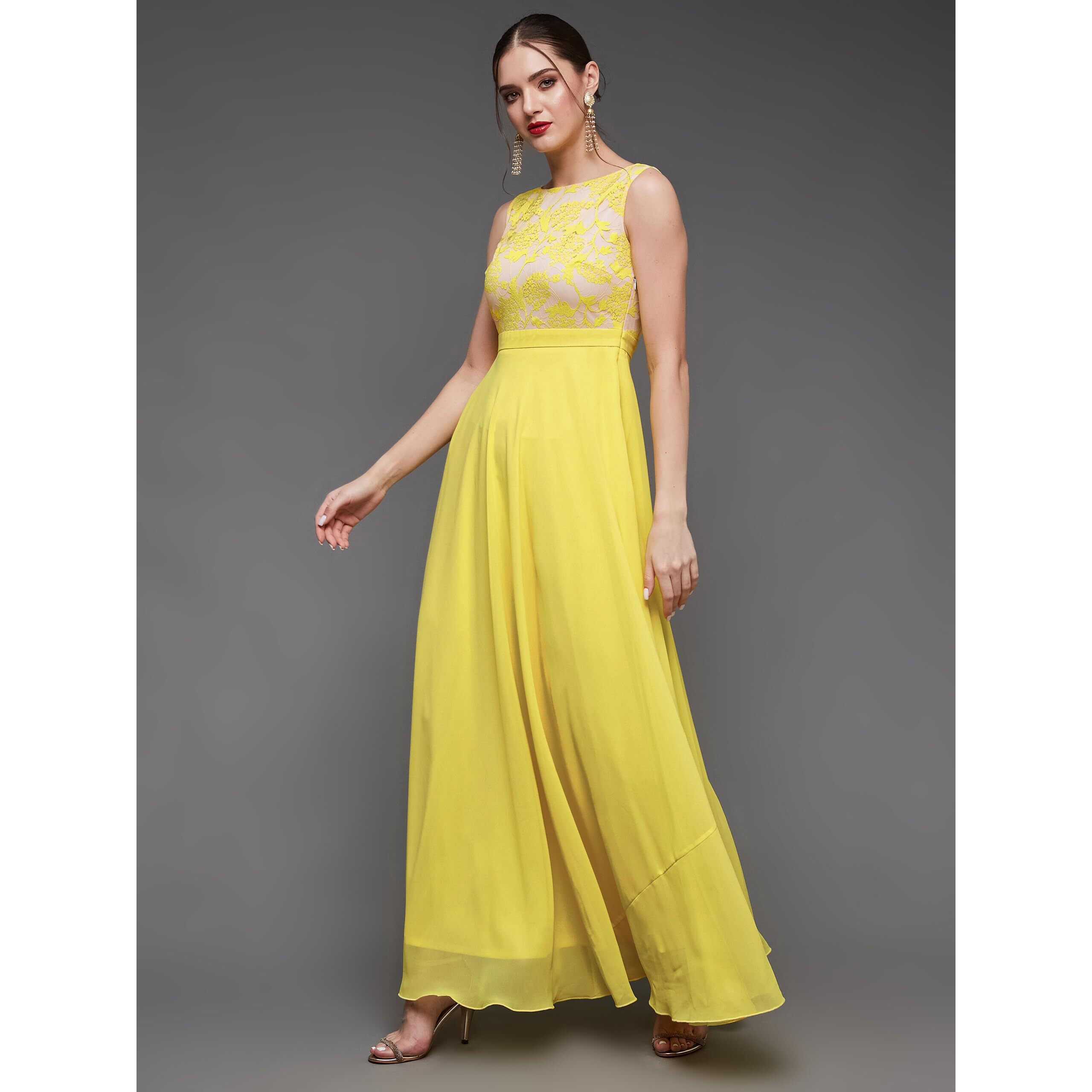 Miss Chase Women's Round Neck Sleeveless Georgette Floral Lace Fit & Flare Maxi Dress Light Yellow