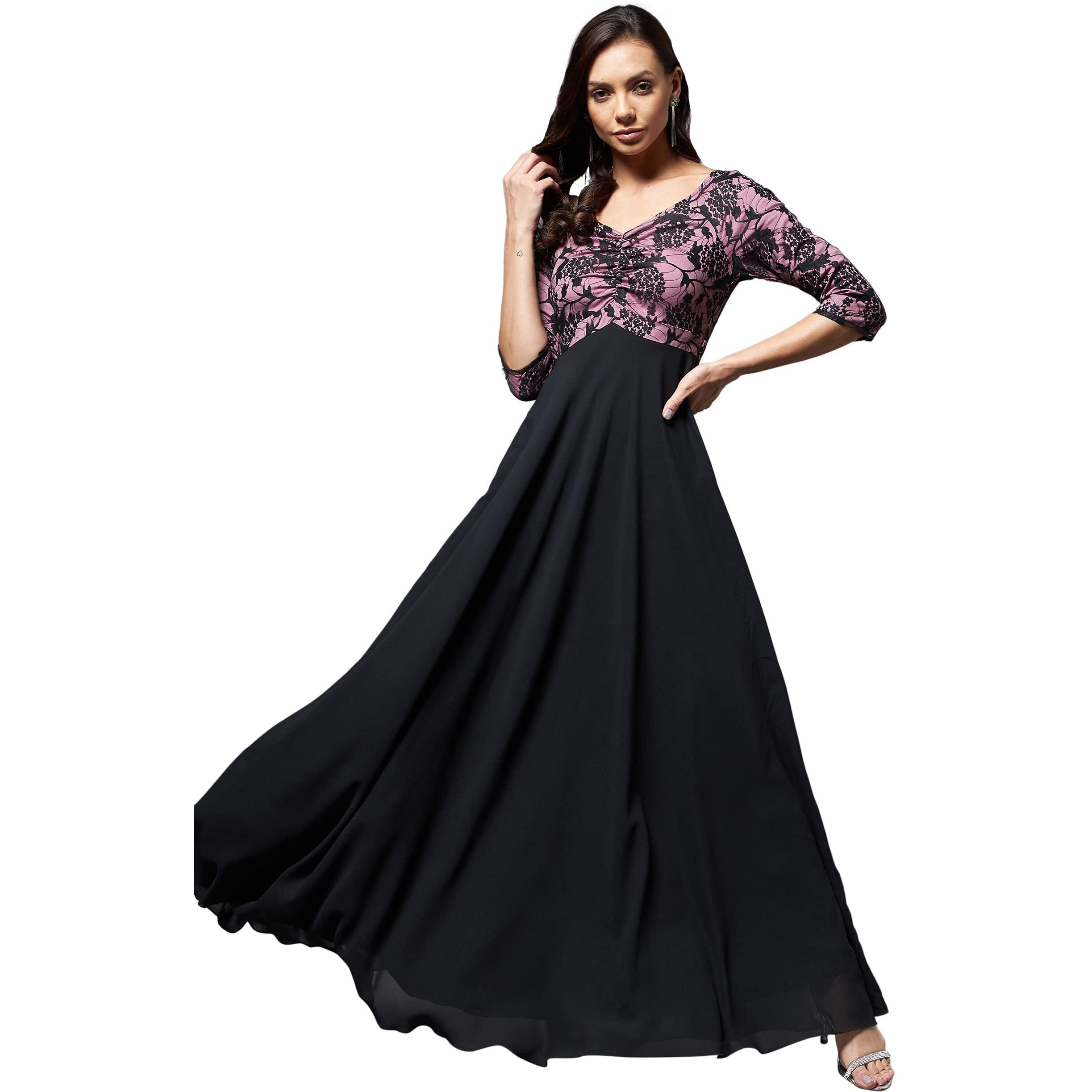 Miss Chase Women's Black And Lavender Sweet Heart Neck 3/4 Sleeve Self Design Fit & Flare Maxi Dress (Mcss22D13-62-245-07, Black And Lavender, 2Xl)