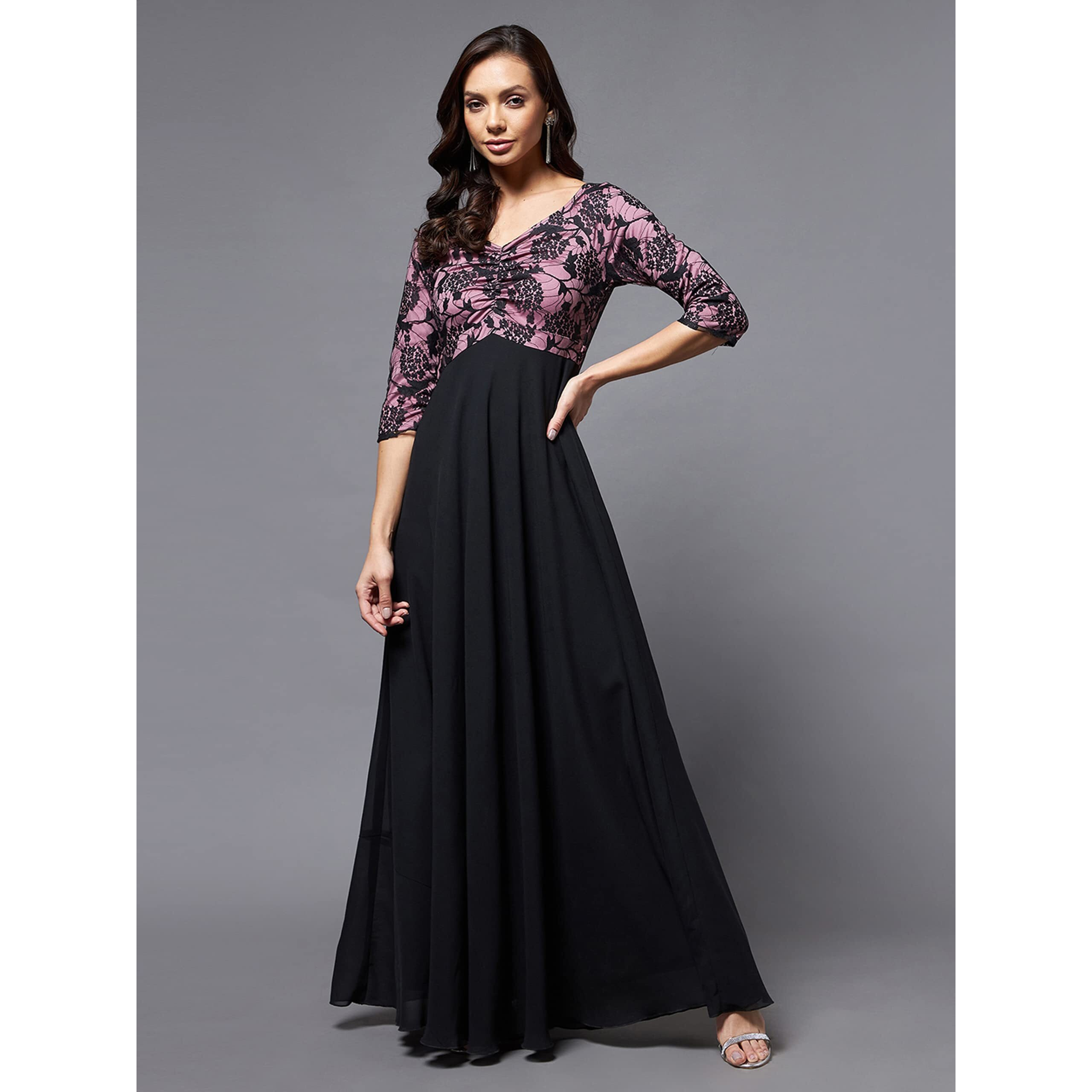 Miss Chase Women's Black And Lavender Sweet Heart Neck 3/4 Sleeve Self Design Fit & Flare Maxi Dress (Mcss22D13-62-245-07, Black And Lavender, 2Xl)
