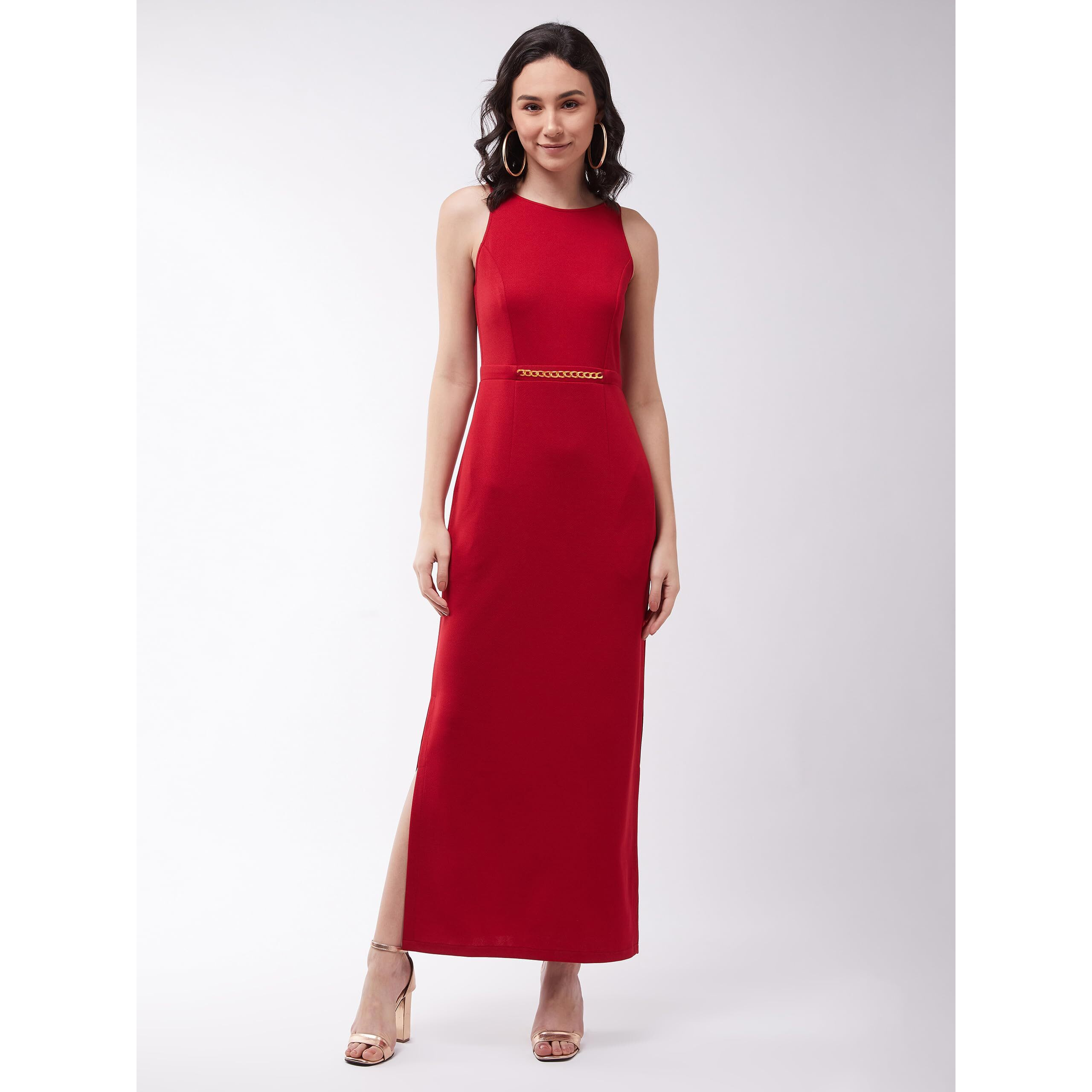 Miss Chase Women's Cherry Red Solid Slim Fit Round Neck Sleeveless Maxi Dress (Mcss21D14-73-606-06,Cherry Red,Xl)