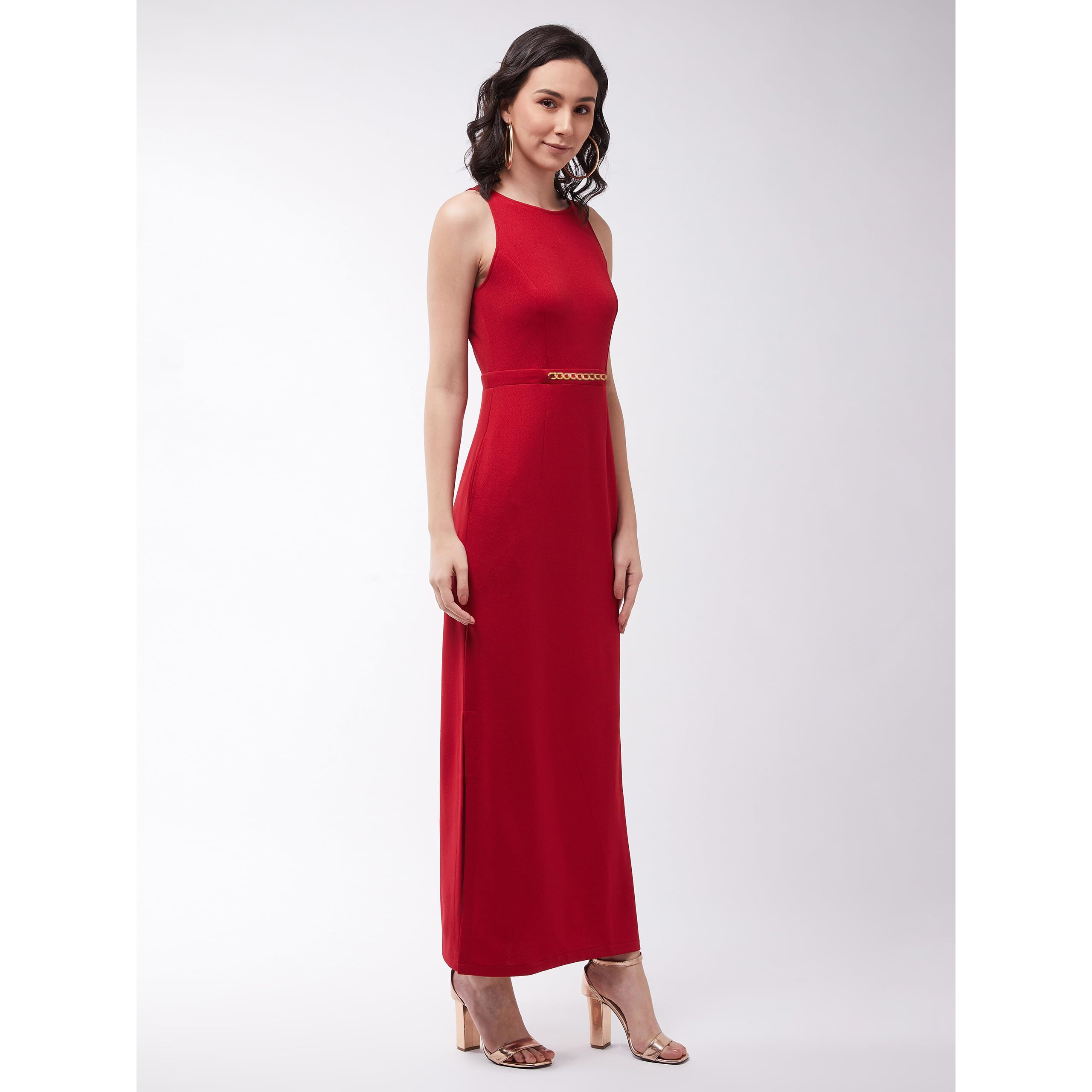 Miss Chase Women's Cherry Red Solid Slim Fit Round Neck Sleeveless Maxi Dress (Mcss21D14-73-606-06,Cherry Red,Xl)