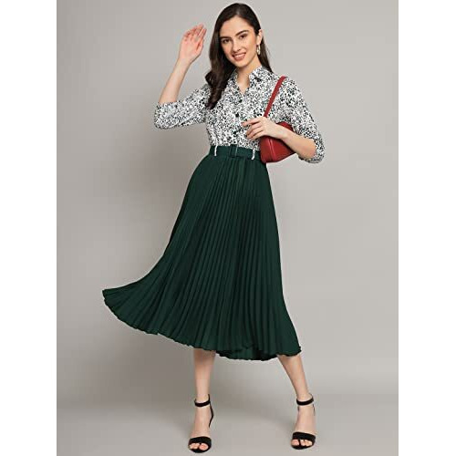Kzully Women's Print 3/4 Sleeve Pleated Midi Dress With Belt Green