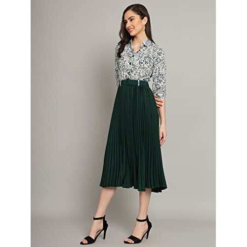 Kzully Women's Print 3/4 Sleeve Pleated Midi Dress With Belt Green