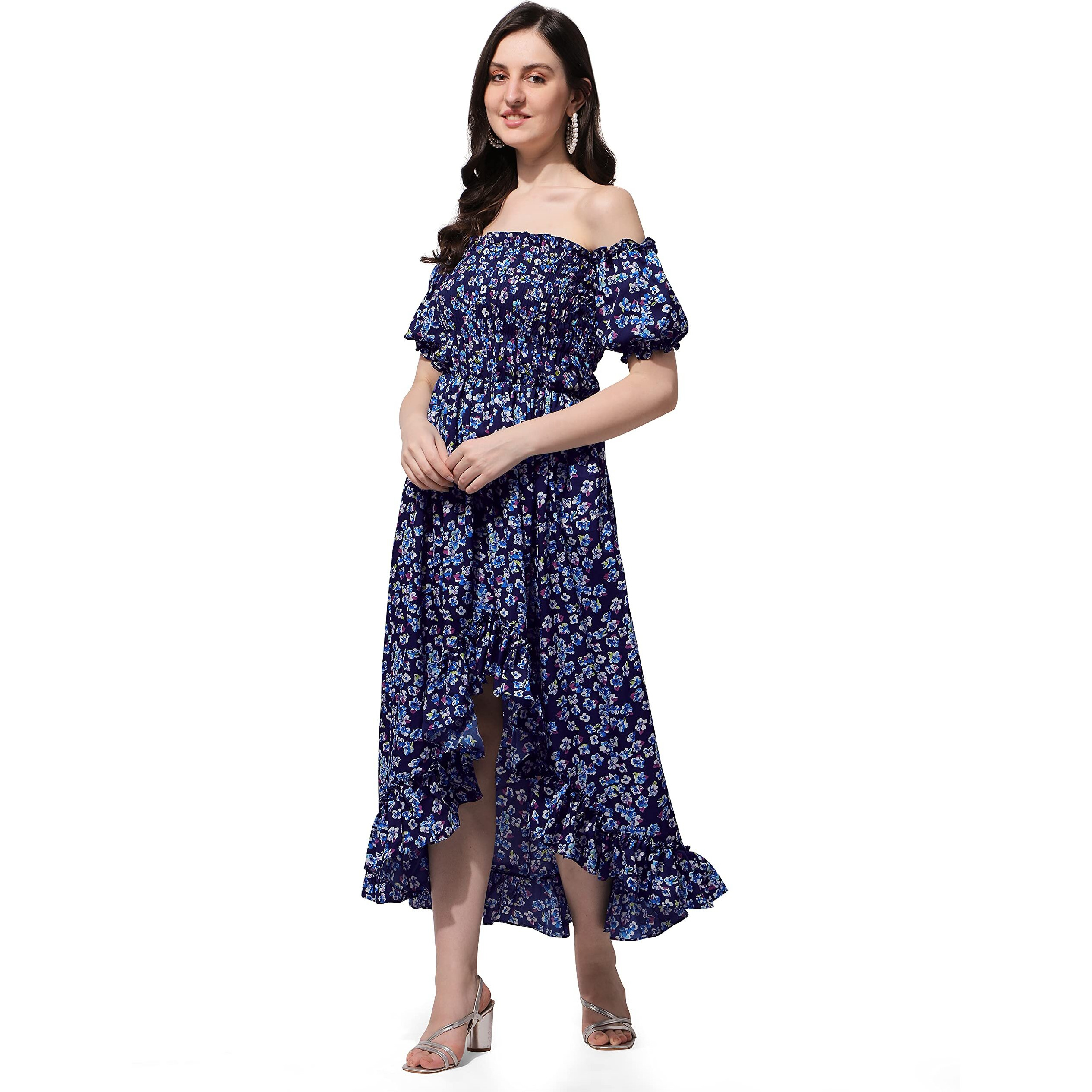 Oomph Flared Dress For Women Stylish | Long One Piece For Women | Off Shoulder Puff Sleeve Long Dress | Floral Print Maxi One Piece | Western & Fusion Wear Bohemian Style Blue