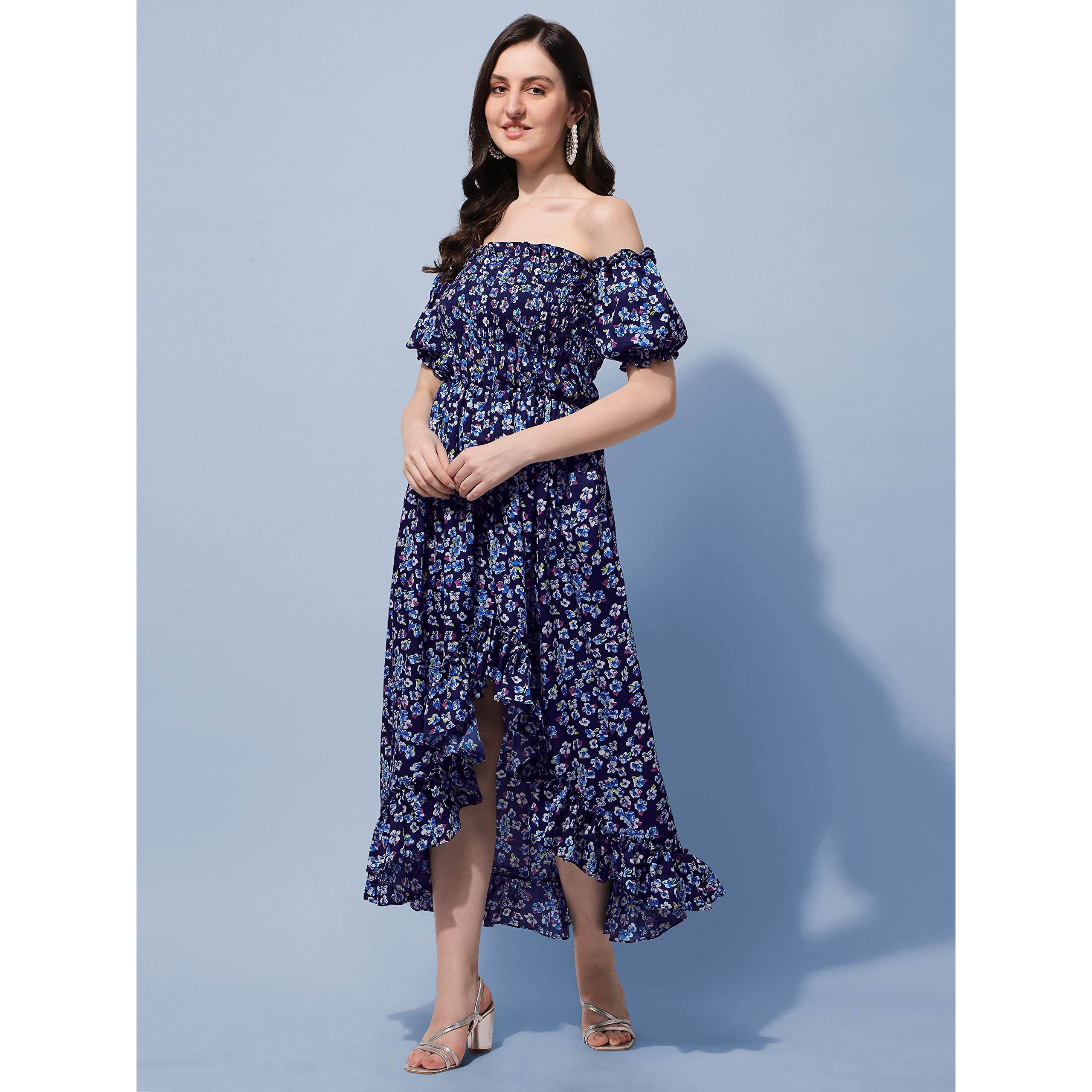Oomph Flared Dress For Women Stylish | Long One Piece For Women | Off Shoulder Puff Sleeve Long Dress | Floral Print Maxi One Piece | Western & Fusion Wear Bohemian Style Blue