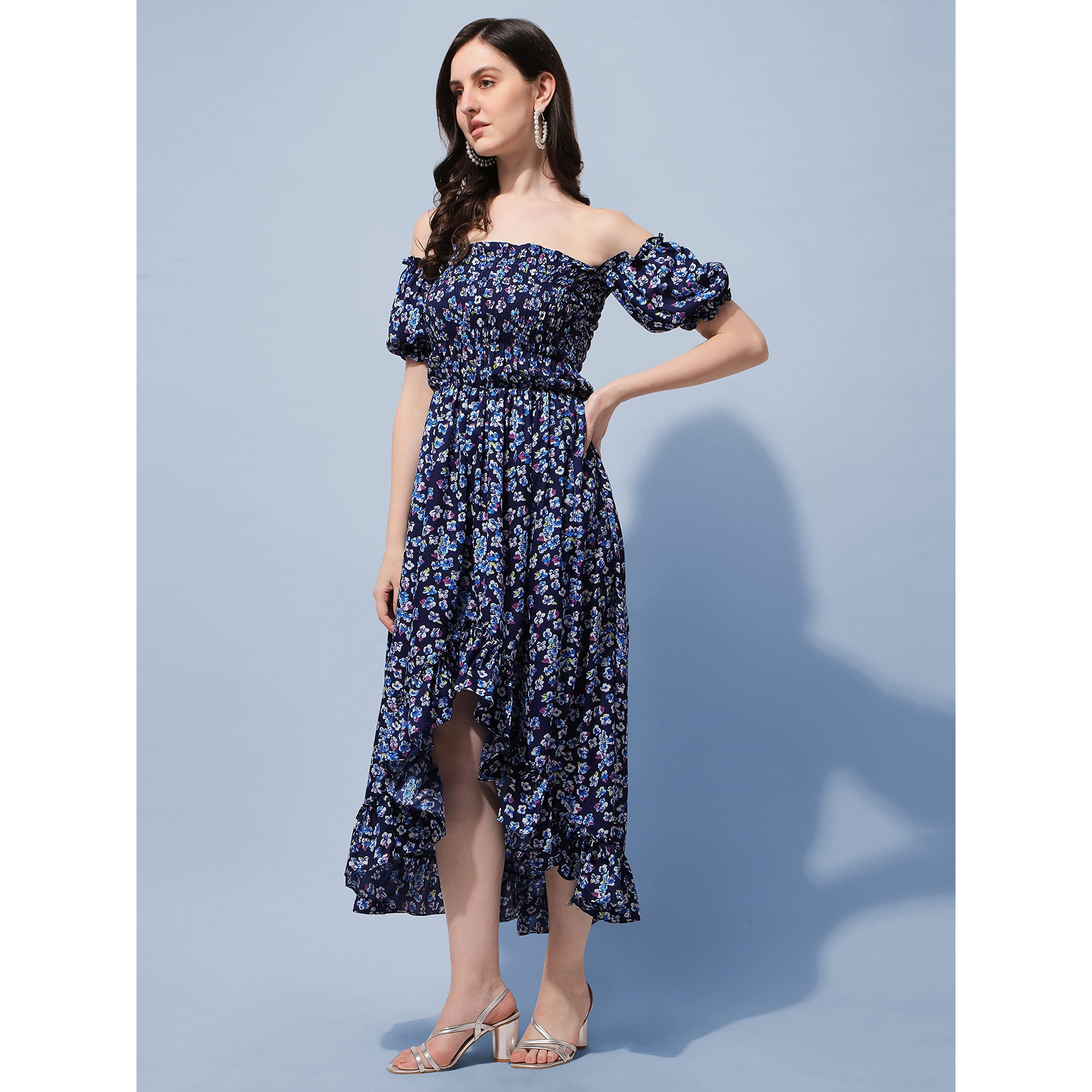 Oomph Flared Dress For Women Stylish | Long One Piece For Women | Off Shoulder Puff Sleeve Long Dress | Floral Print Maxi One Piece | Western & Fusion Wear Bohemian Style Blue