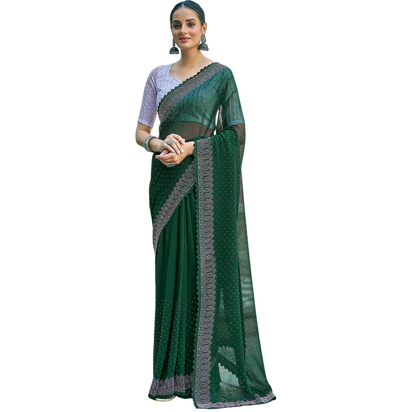 Satrani Women's Stone Work Embellished Georgette Saree With Unstitched Blouse Piece (3731S175N_Dark Green)