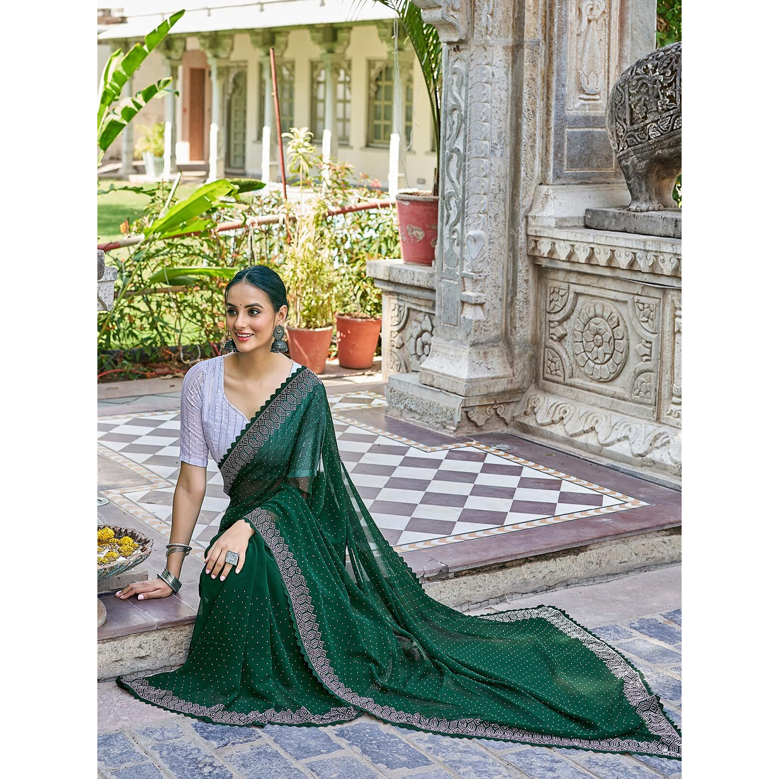 Satrani Women's Stone Work Embellished Georgette Saree With Unstitched Blouse Piece (3731S175N_Dark Green)