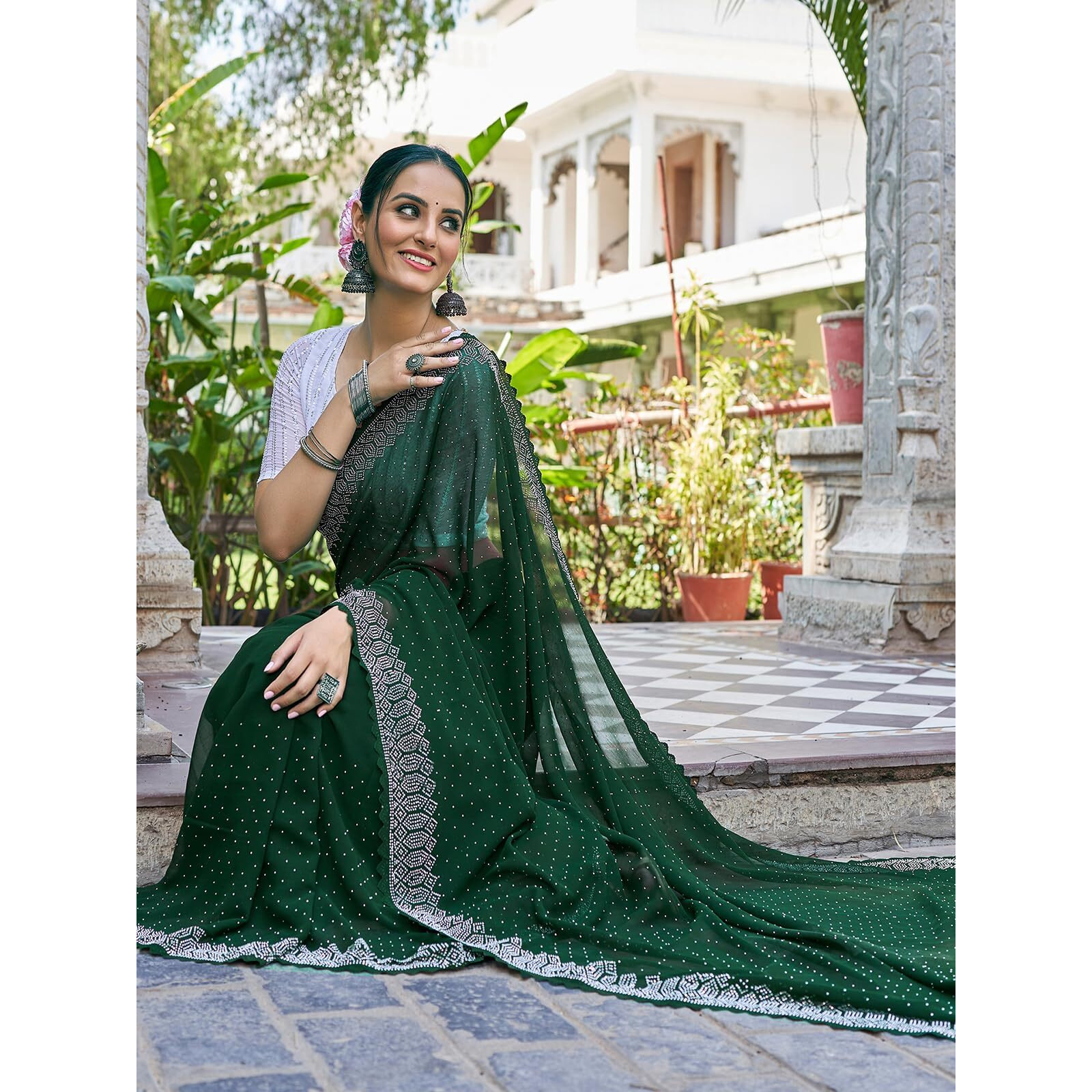Satrani Women's Stone Work Embellished Georgette Saree With Unstitched Blouse Piece (3731S175N_Dark Green)