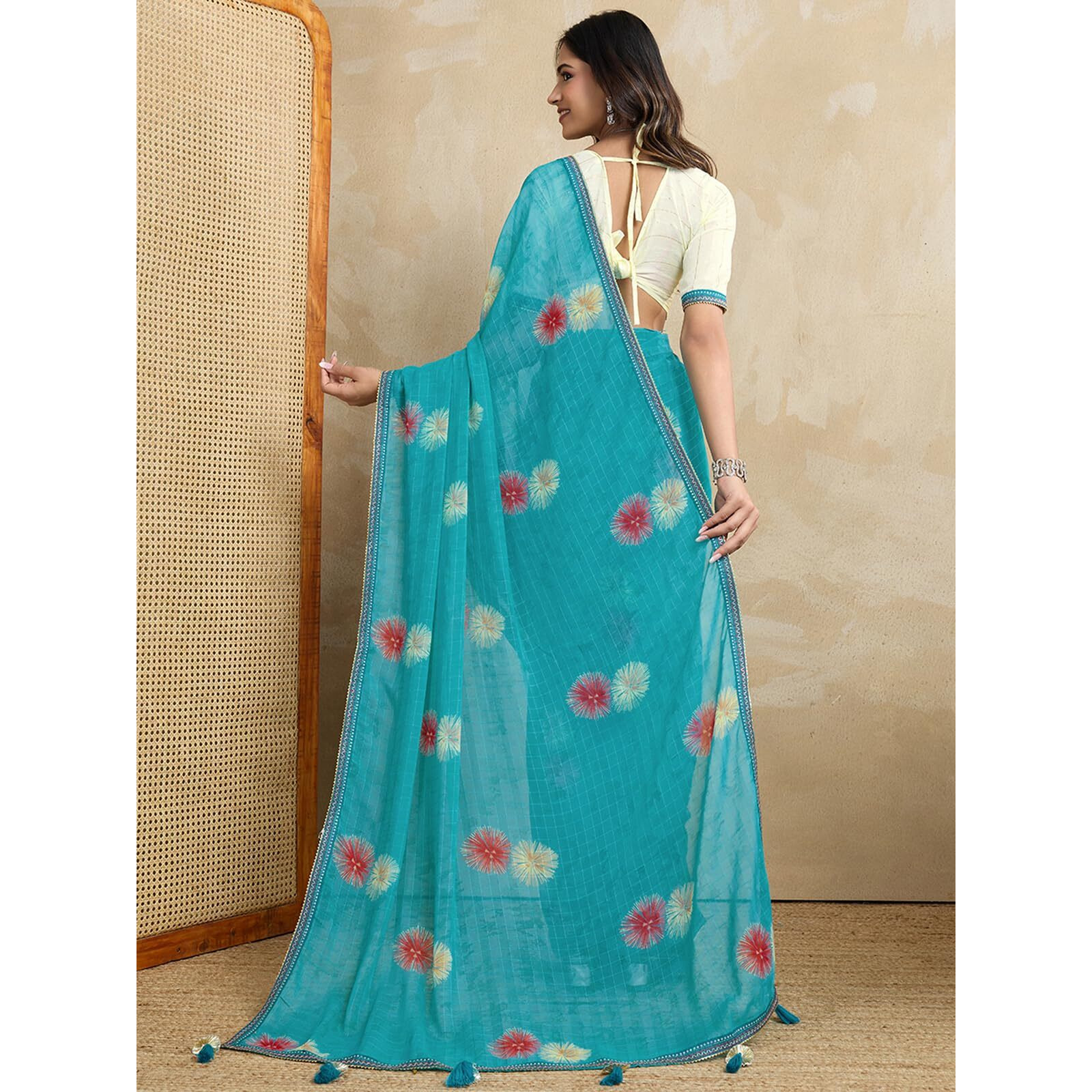 Satrani Women's Georgette Printed Lace Work Saree With Unstitched Blouse Piece (4292S922N_Blue)