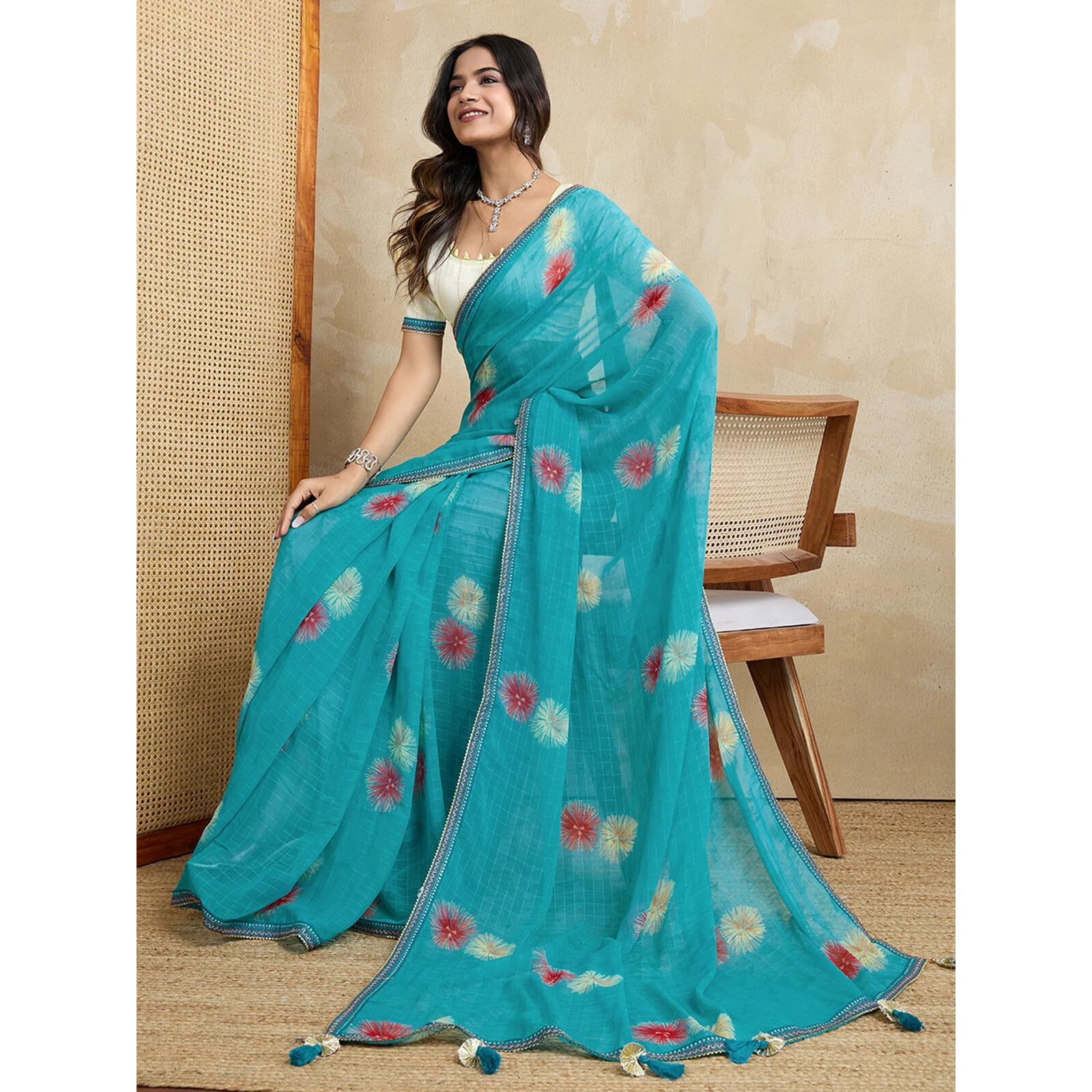Satrani Women's Georgette Printed Lace Work Saree With Unstitched Blouse Piece (4292S922N_Blue)