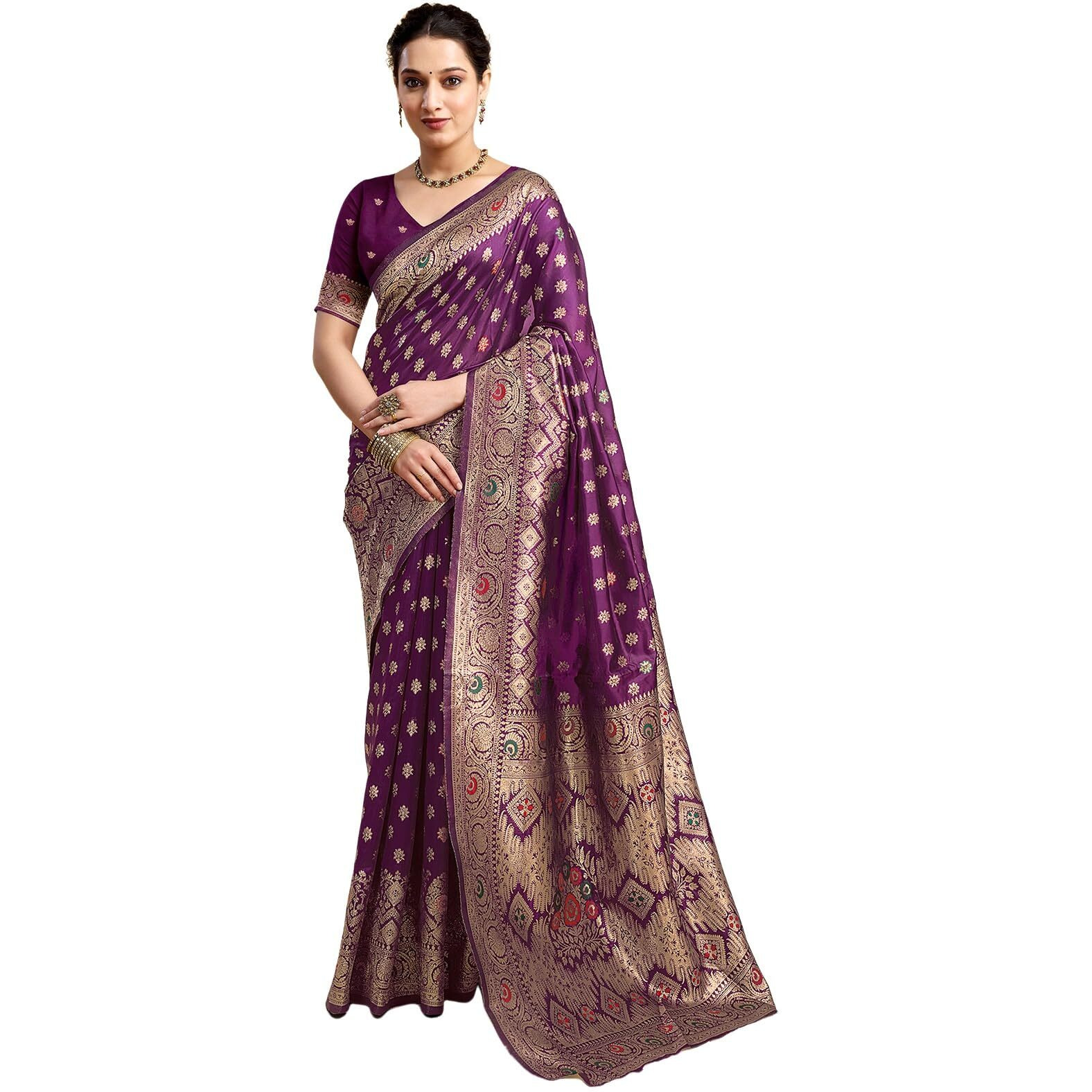 Satrani Women's Banarasi Silk Weaving Saree With Unstitched Blouse Piece (4208S851N_Wine)