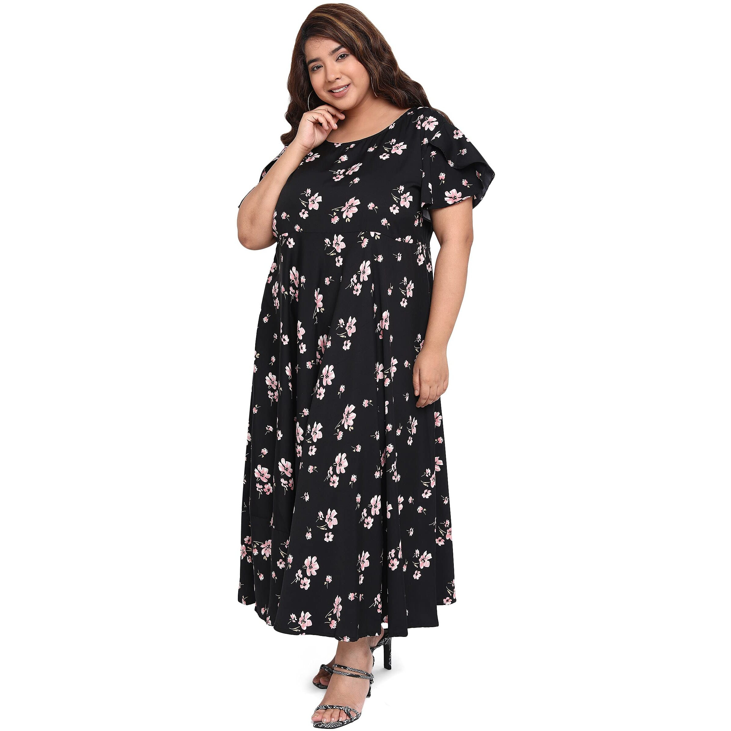 Oomph Women's Western & Fusion Wear Crepe A-Line Maxi Plus Size Dress - Soot Black - Od250_4Xl