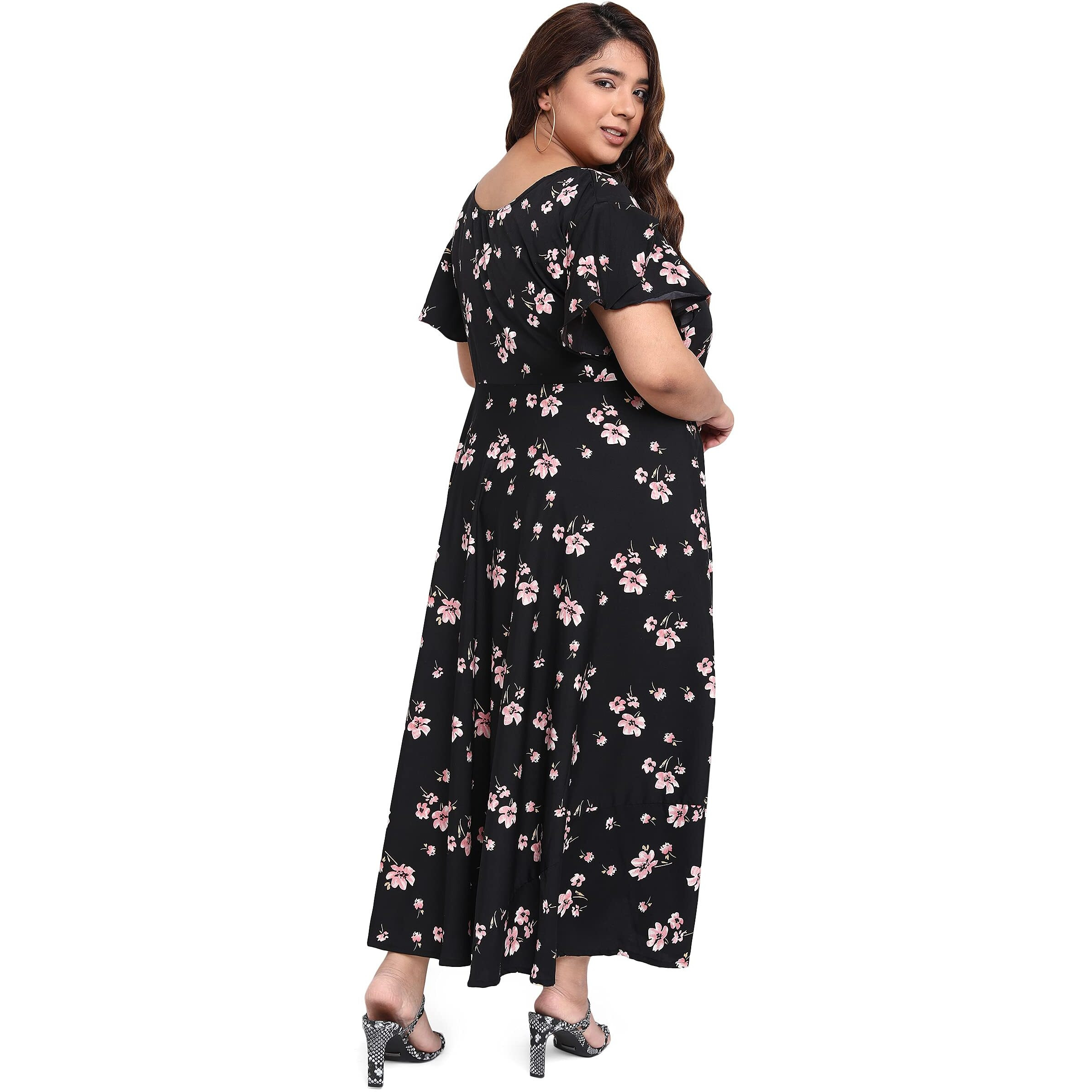 Oomph Women's Western & Fusion Wear Crepe A-Line Maxi Plus Size Dress - Soot Black - Od250_4Xl