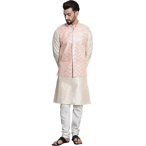 Sojanya (Since 1958 Men's Silk Blend Cream Kurta And Off-White Pyjama With Peach Nehrujacket