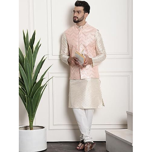 Sojanya (Since 1958 Men's Silk Blend Cream Kurta And Off-White Pyjama With Peach Nehrujacket
