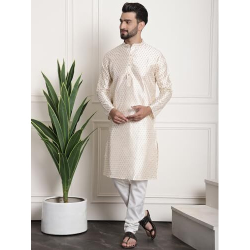 Sojanya (Since 1958 Men's Silk Blend Cream Kurta And Off-White Pyjama With Peach Nehrujacket