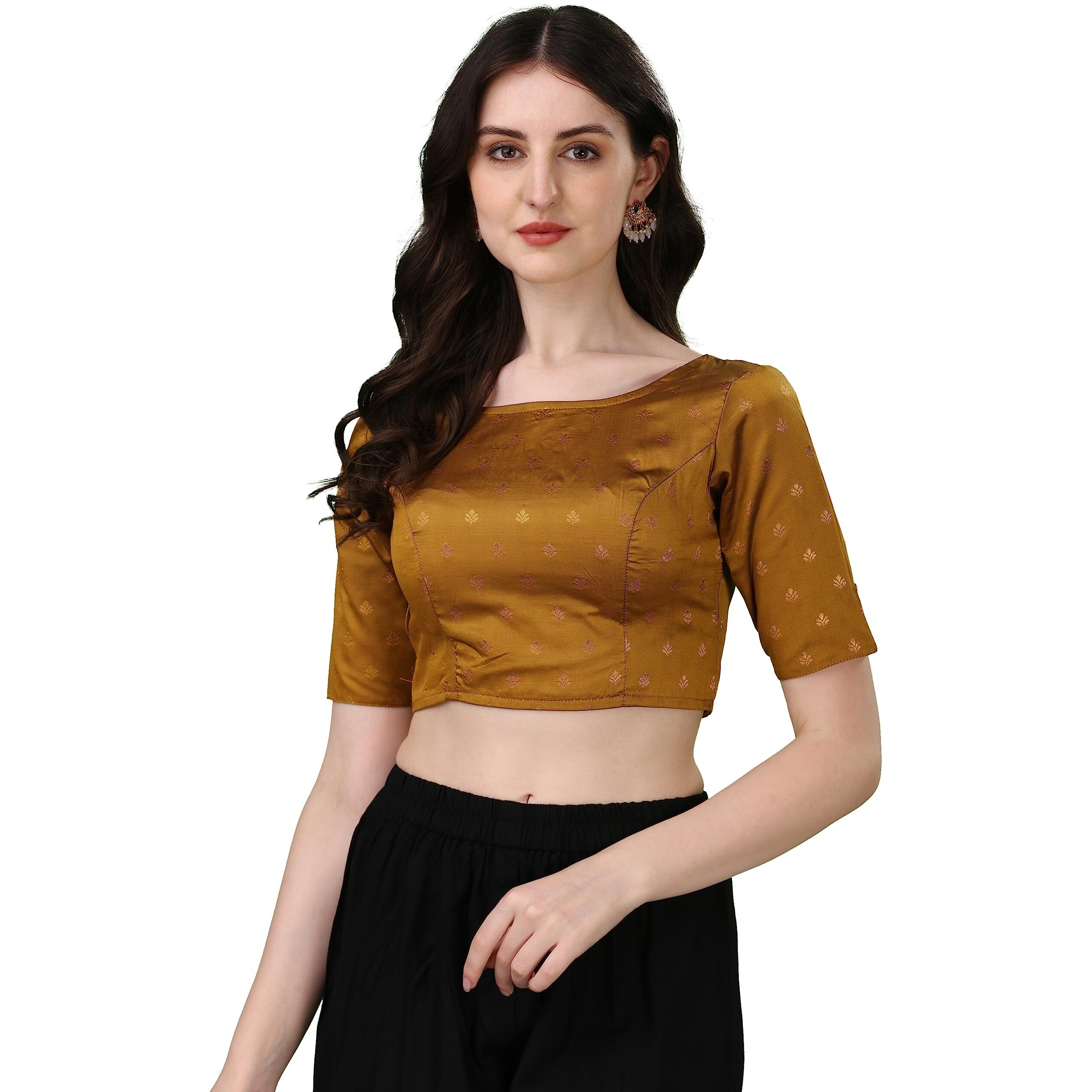 Oomph Women's Indian Ethnic Wear Designer Leaf Pattern Boat Neck Half Sleeve Brocade Brown Blouse For Saree Or Lehnga And Blousepalazzos Or Skirts For A Fusion Twist.
