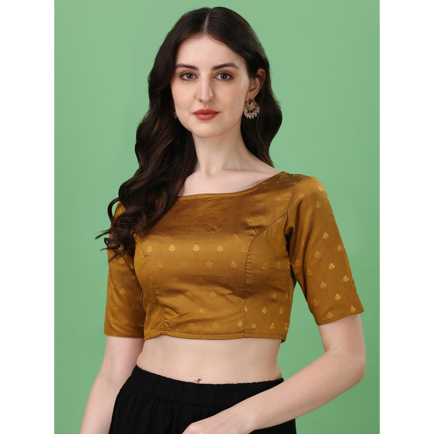 Oomph Women's Indian Ethnic Wear Designer Leaf Pattern Boat Neck Half Sleeve Brocade Brown Blouse For Saree Or Lehnga And Blousepalazzos Or Skirts For A Fusion Twist.