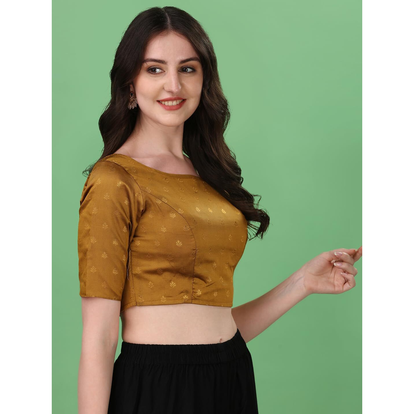 Oomph Women's Indian Ethnic Wear Designer Leaf Pattern Boat Neck Half Sleeve Brocade Brown Blouse For Saree Or Lehnga And Blousepalazzos Or Skirts For A Fusion Twist.