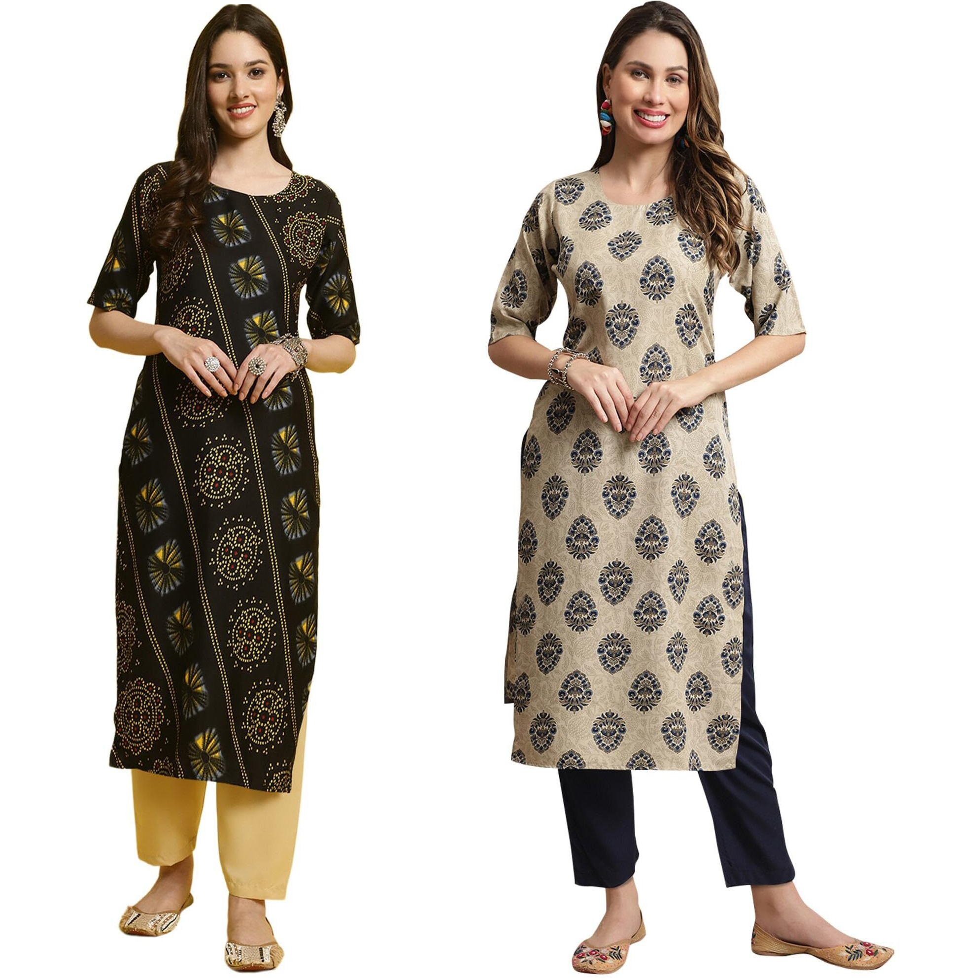 Pinkmint Printed Round Neck Kurta Set For Women Ll Kurti & Pant Set For Women Ll Regular Fit Kurta Set (Pack Of 2)