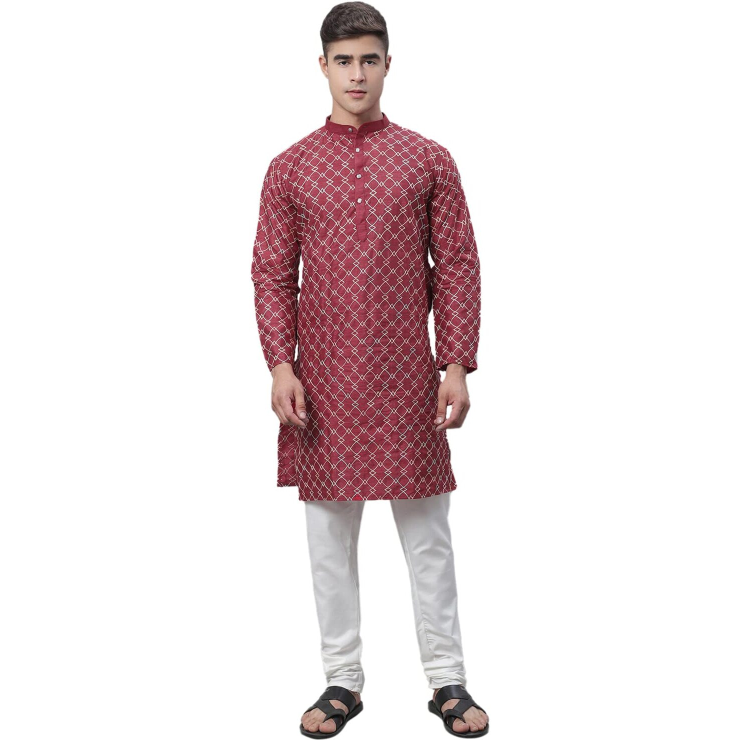 Sojanya (Since 1958 Men's Silk Blend Maroon Kurta With Multi Color Embroidery And Cream Pyjama