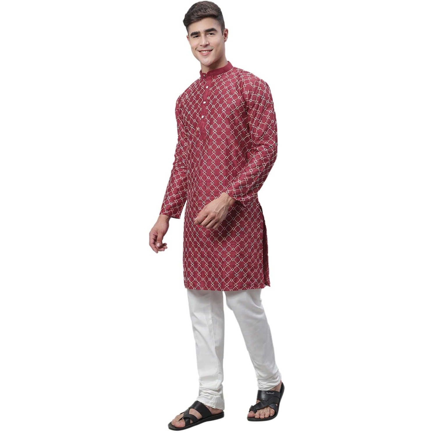 Sojanya (Since 1958 Men's Silk Blend Maroon Kurta With Multi Color Embroidery And Cream Pyjama