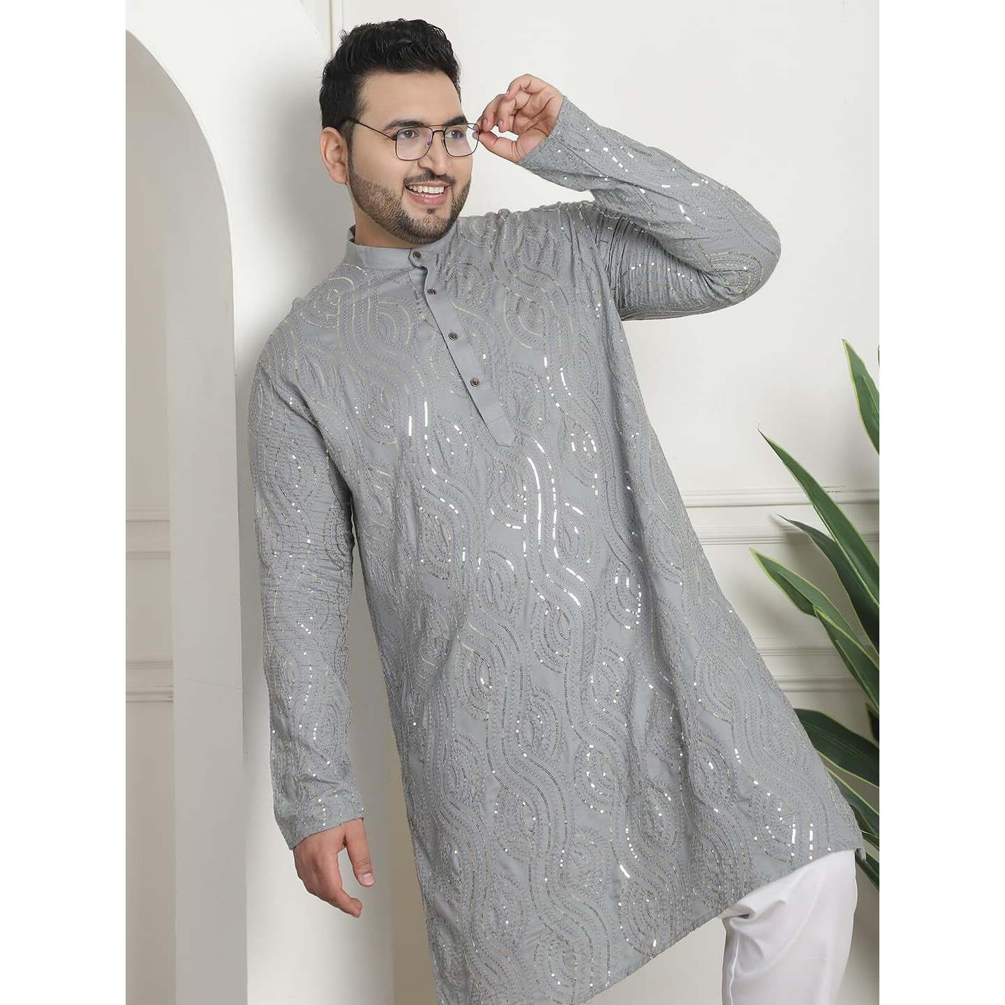 Sojanya Plus (Since 1958) Men's Cotton Designer Grey Long Kurta