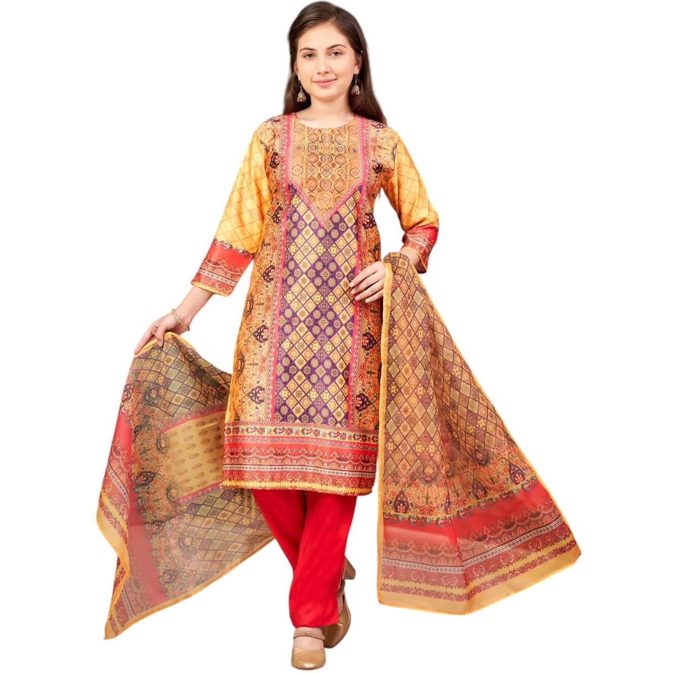 Aarika Girls Ethnic Wear Yellow-Dark Pink Colour Abstract Embalished Satin Kurti Pant Set-8-15 Years (Kp-Tr-K-1040)