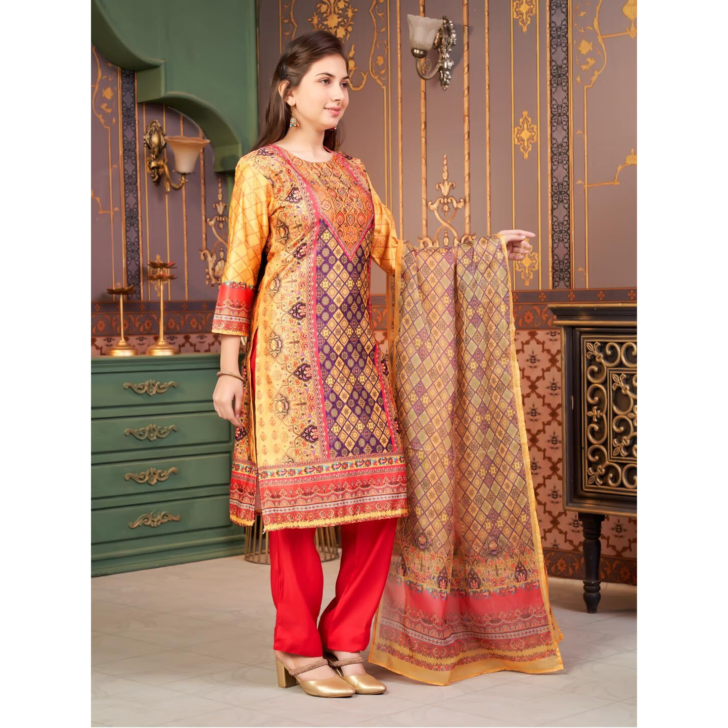 Aarika Girls Ethnic Wear Yellow-Dark Pink Colour Abstract Embalished Satin Kurti Pant Set-8-15 Years (Kp-Tr-K-1040)